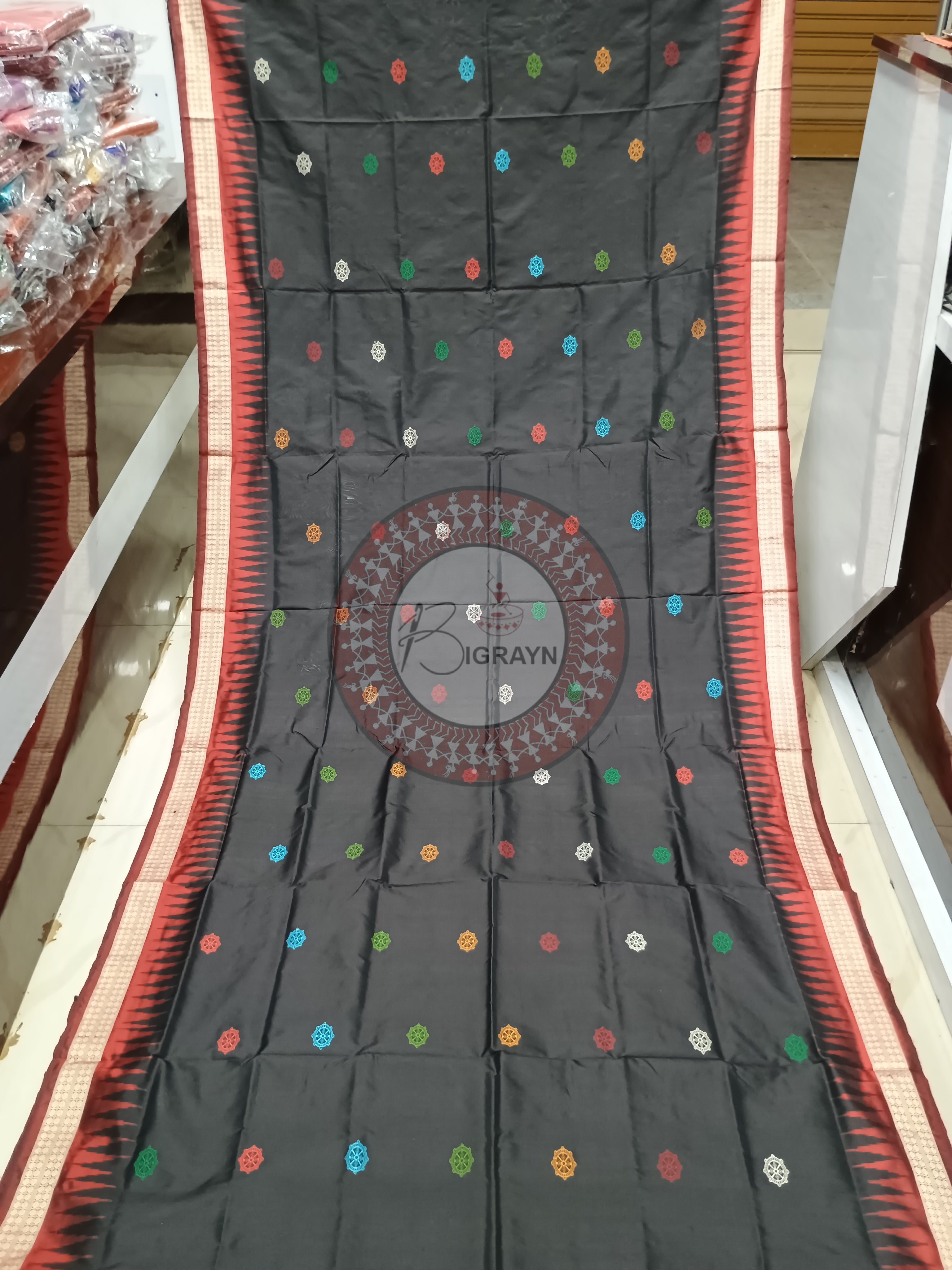 Black Maroon Konark Bomkai Silk Saree