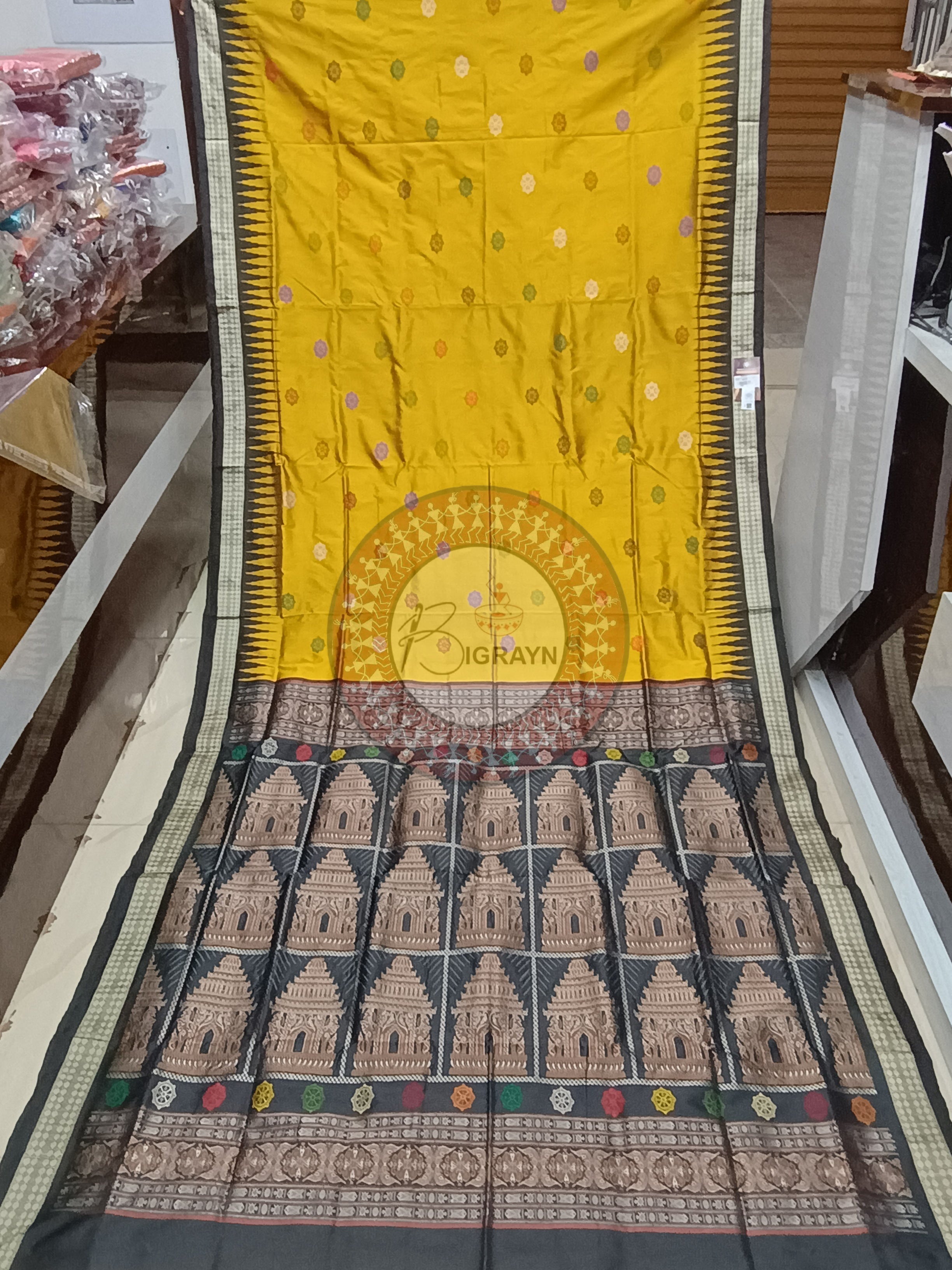 Mustard Yellow Black Konark Bomkai Silk Saree