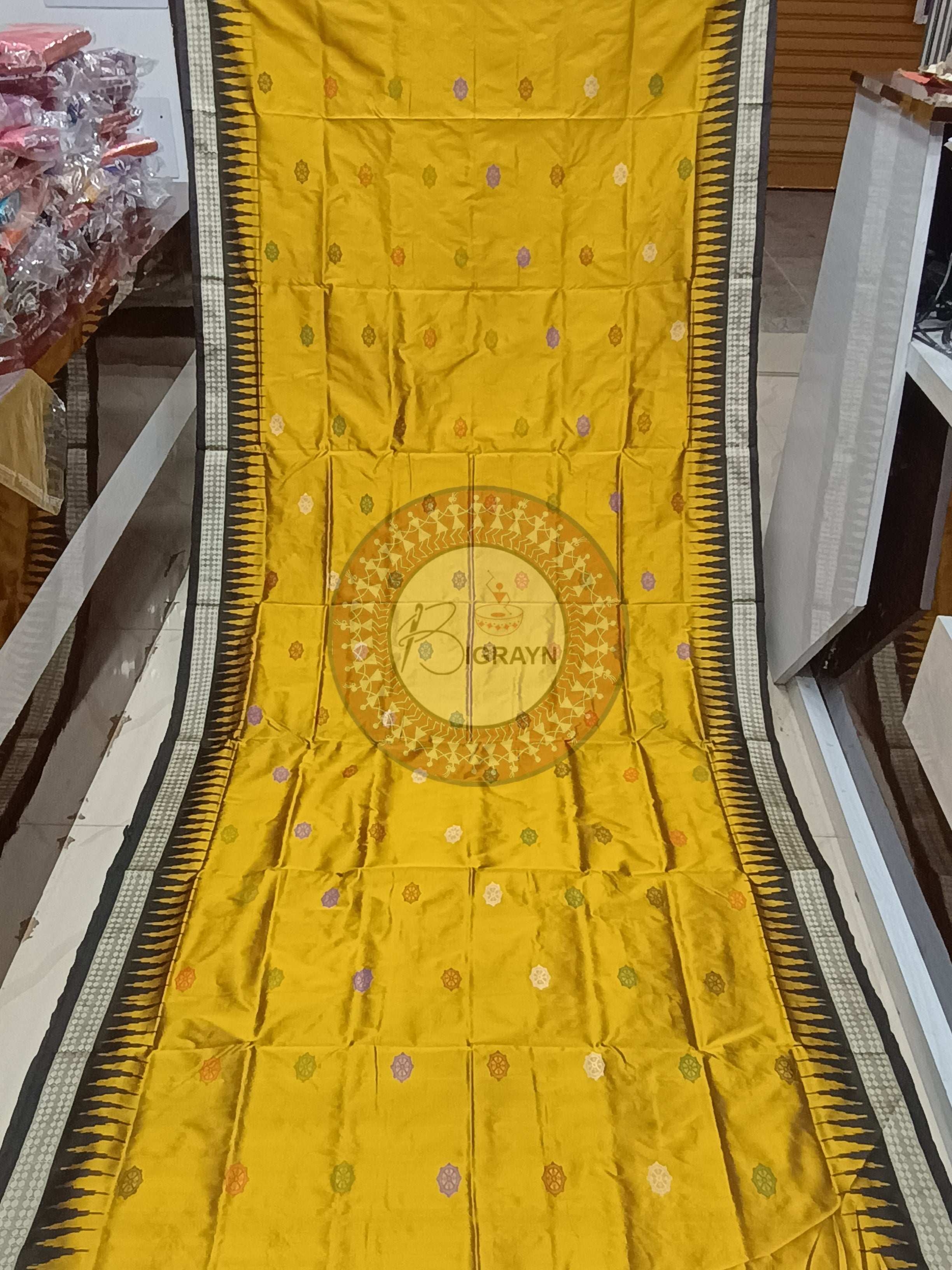 Mustard Yellow Black Konark Bomkai Silk Saree