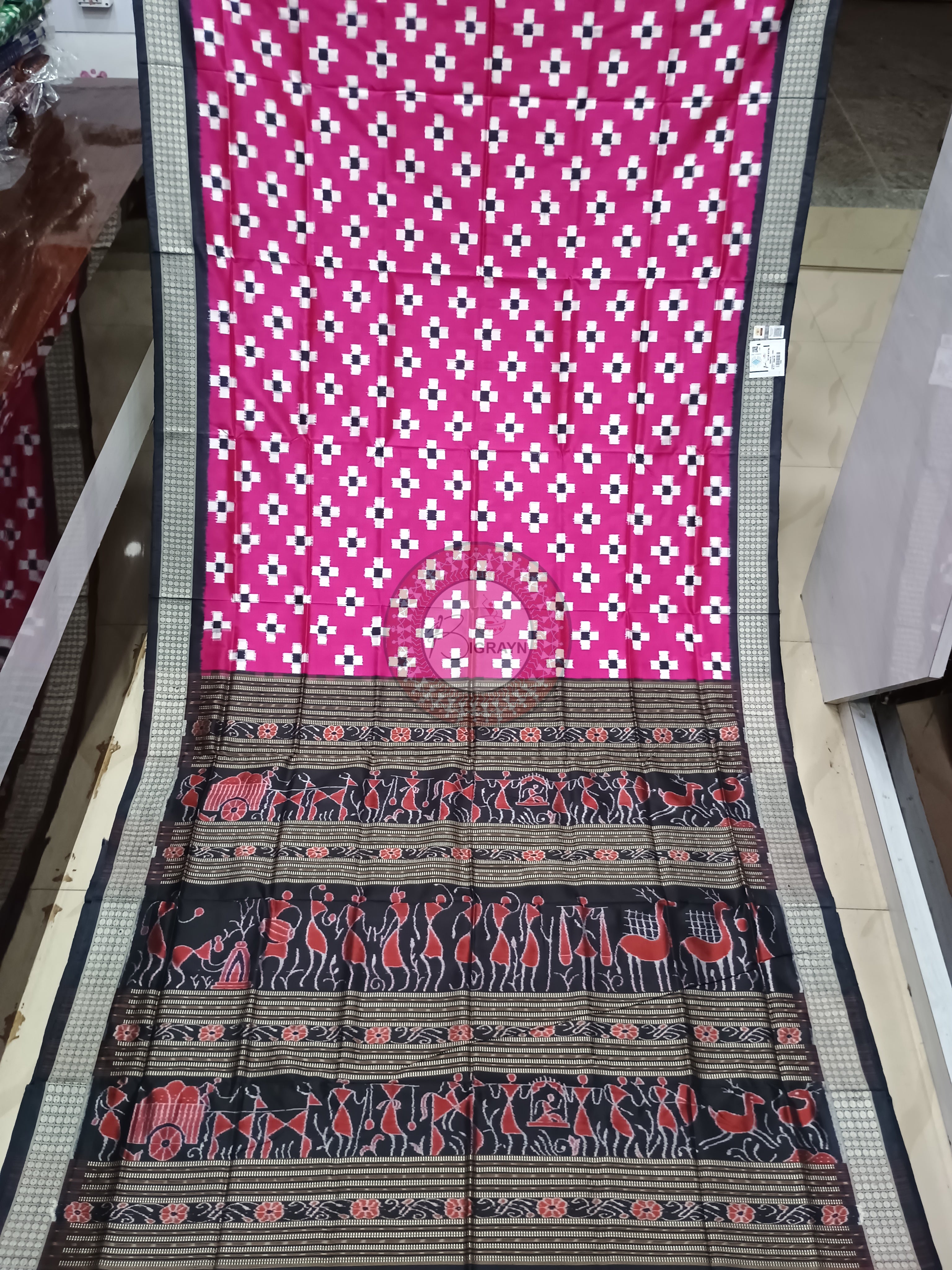 Pink Black Pasapali Sambalpuri Silk Saree