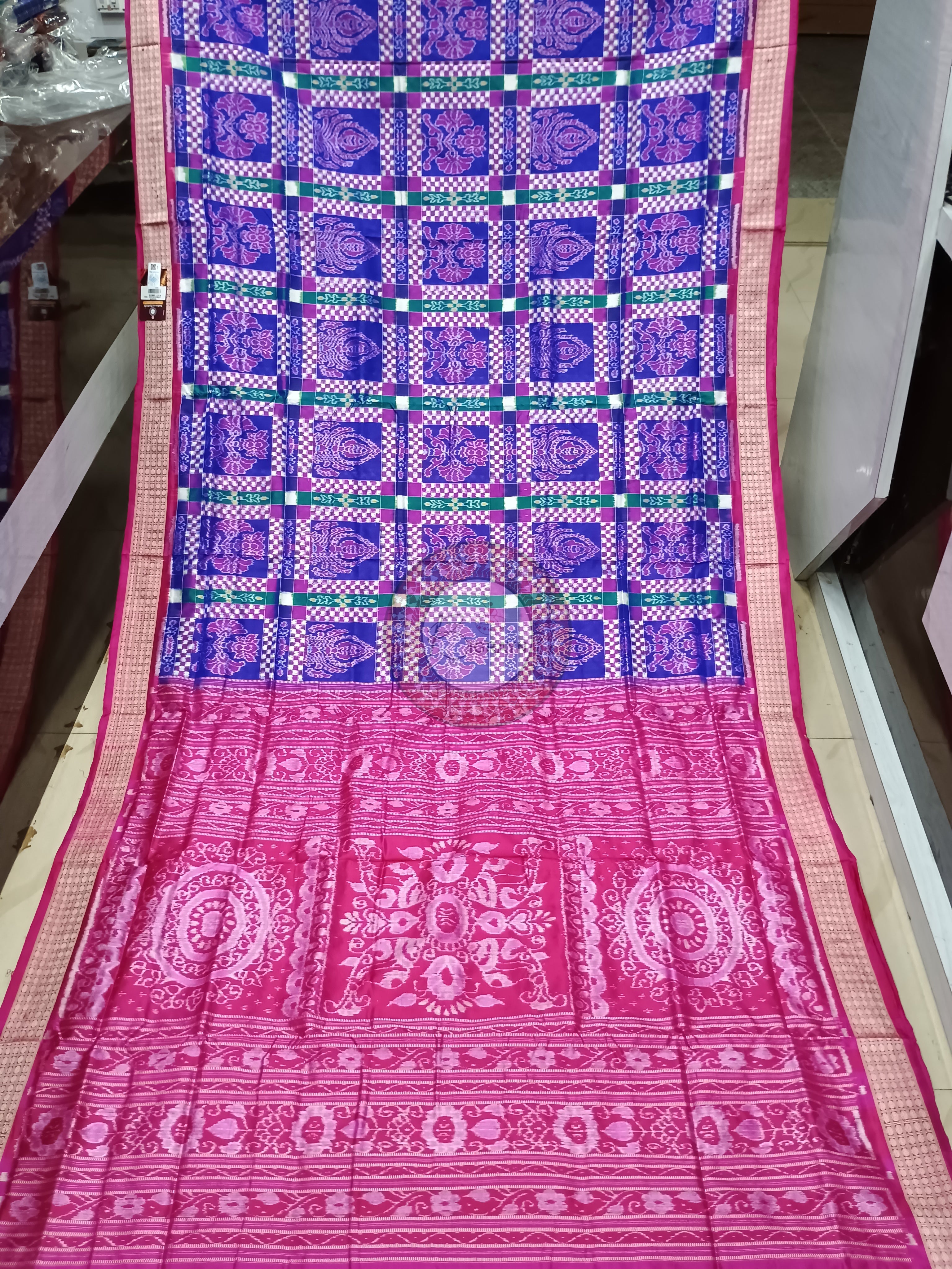 Blue Magenta Flower Pasapali Sambalpuri Silk Saree