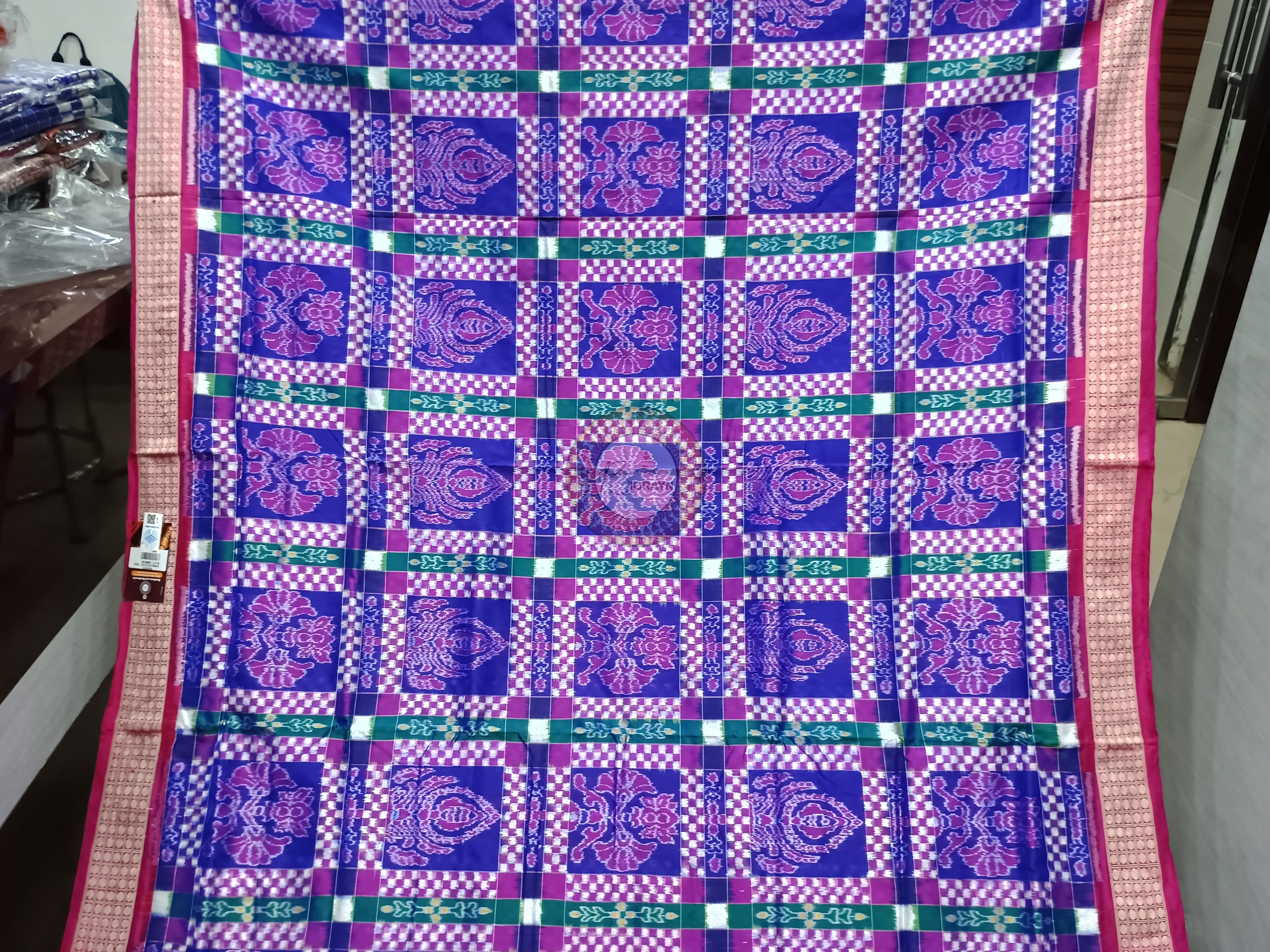 Blue Magenta Flower Pasapali Sambalpuri Silk Saree