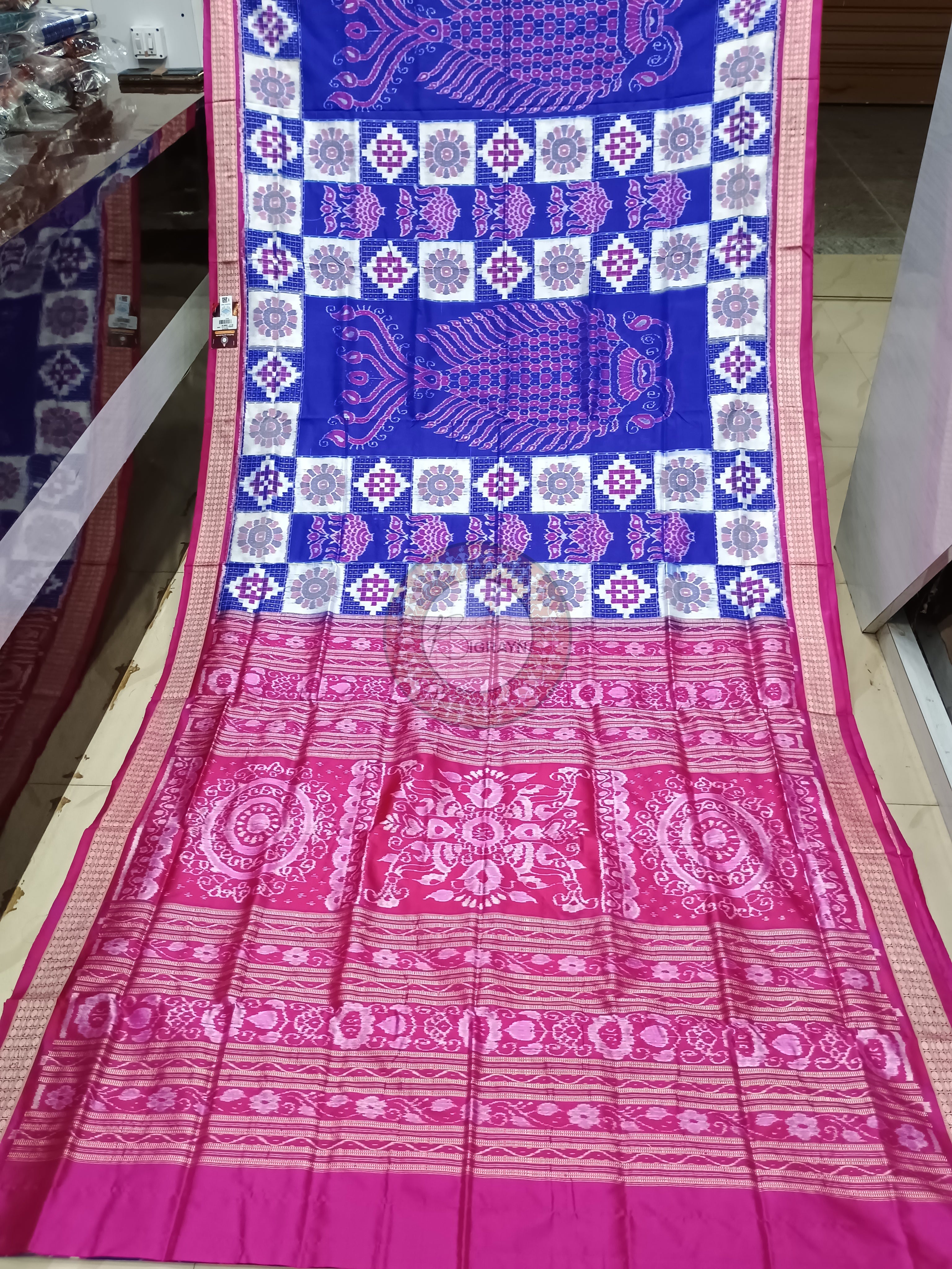 Blue Magenta Fish Pasapali Sambalpuri Silk Saree