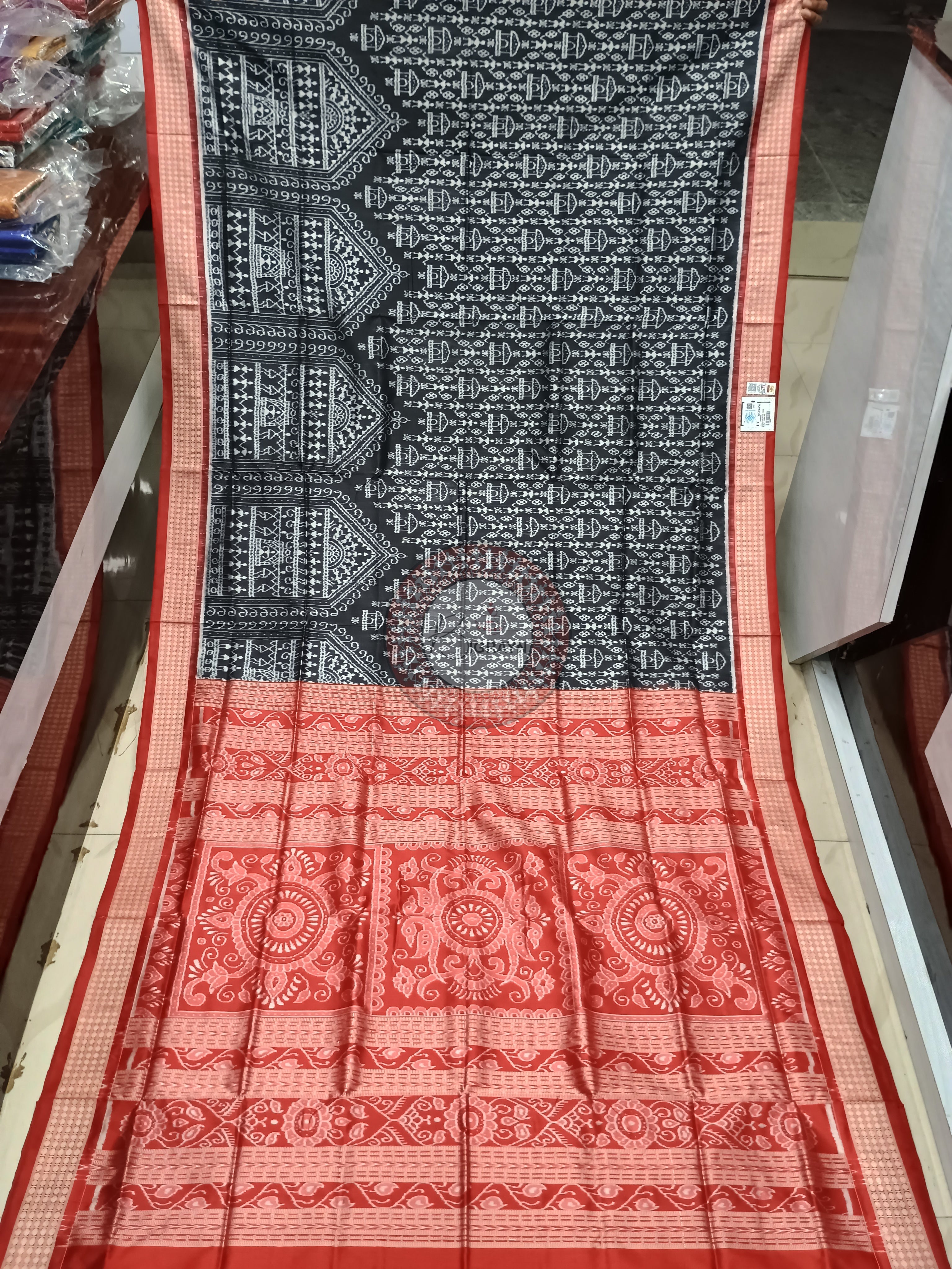 Black Red Tribal House Sambalpuri Silk Saree