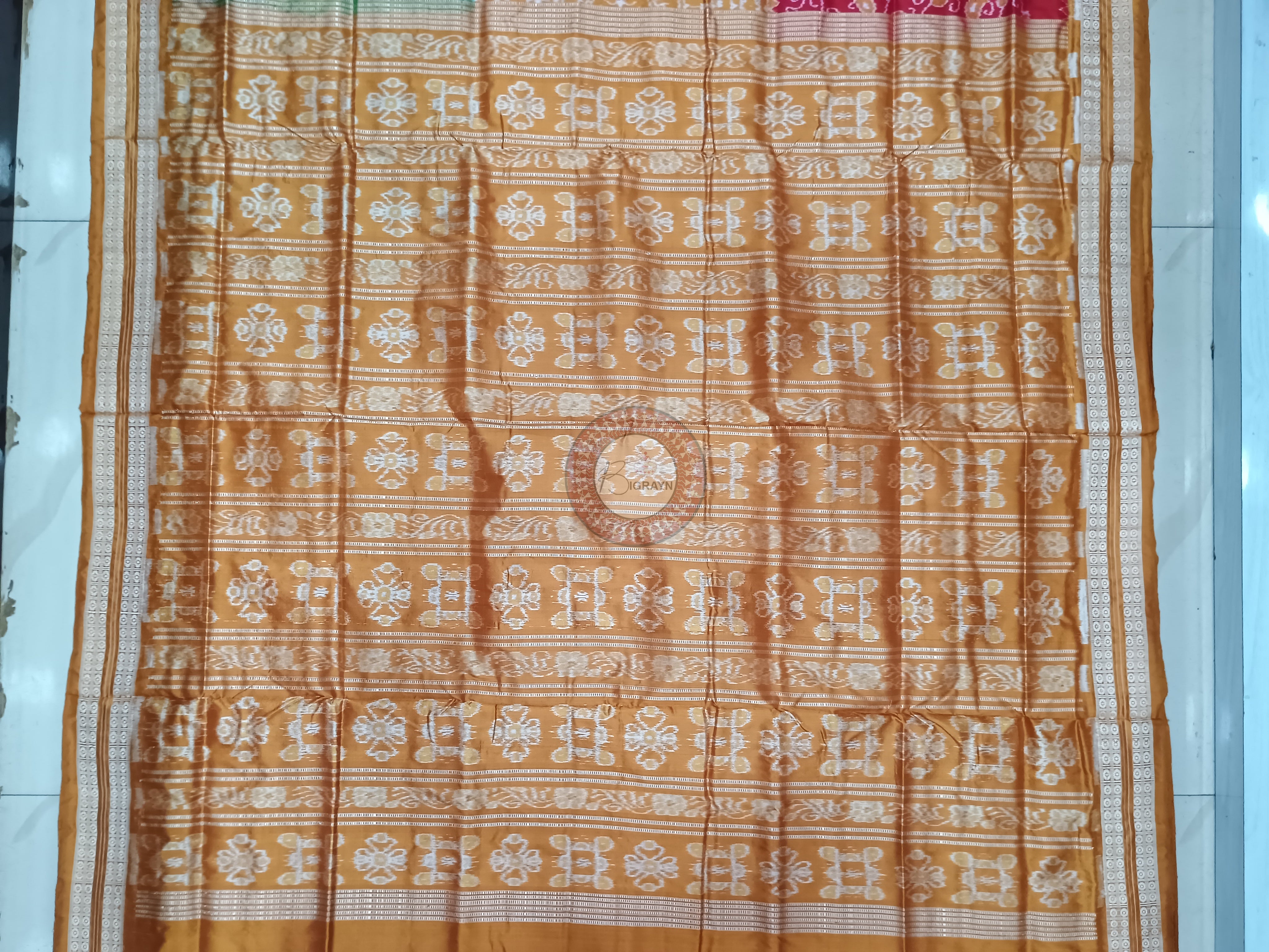Mustard Yellow Green Red Tribal Odisha Handloom Sambalpuri Silk Saree