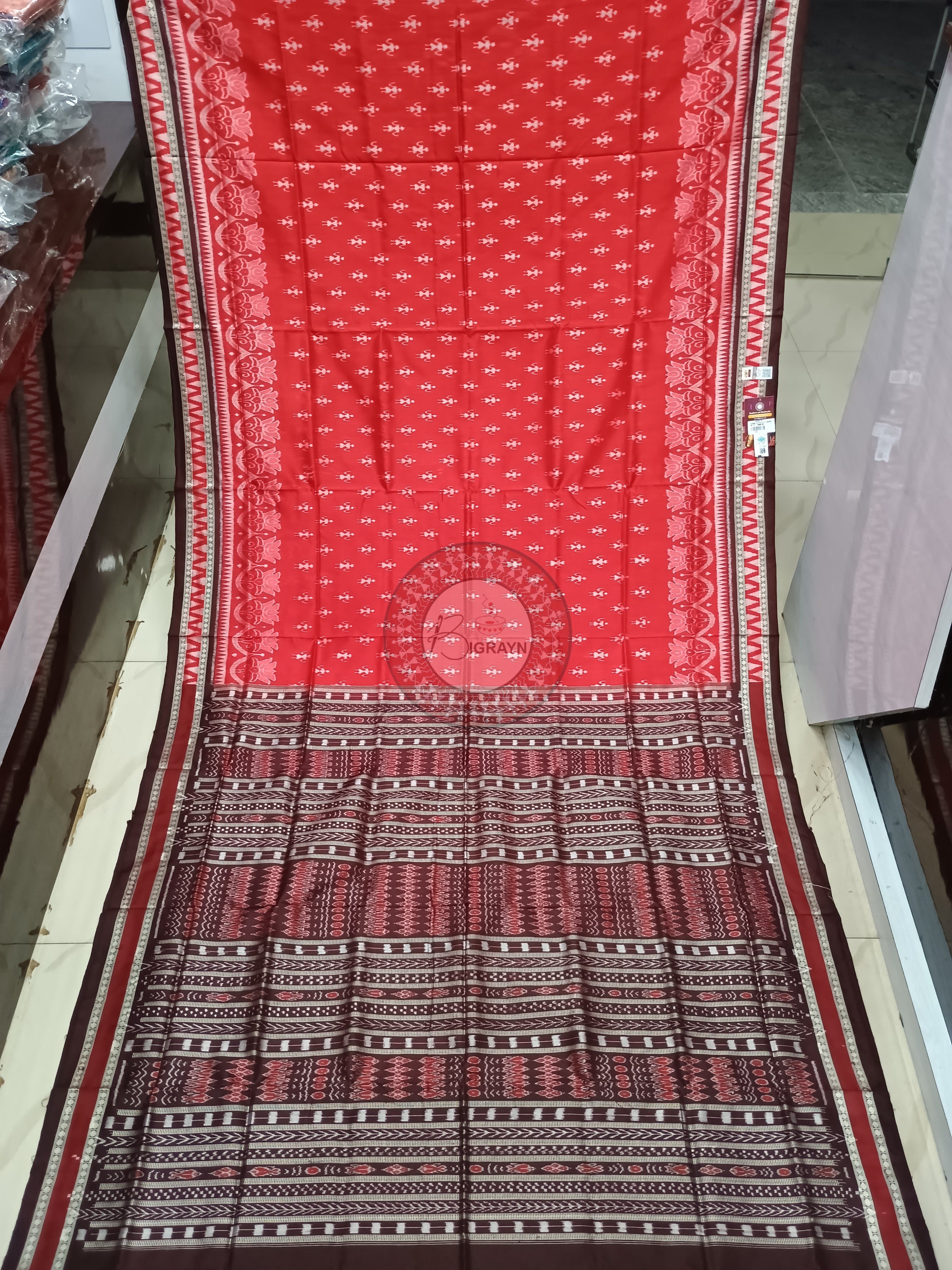 Red Coffee Scot Lotus Tribal Odisha Handloom Sambalpuri Silk Saree
