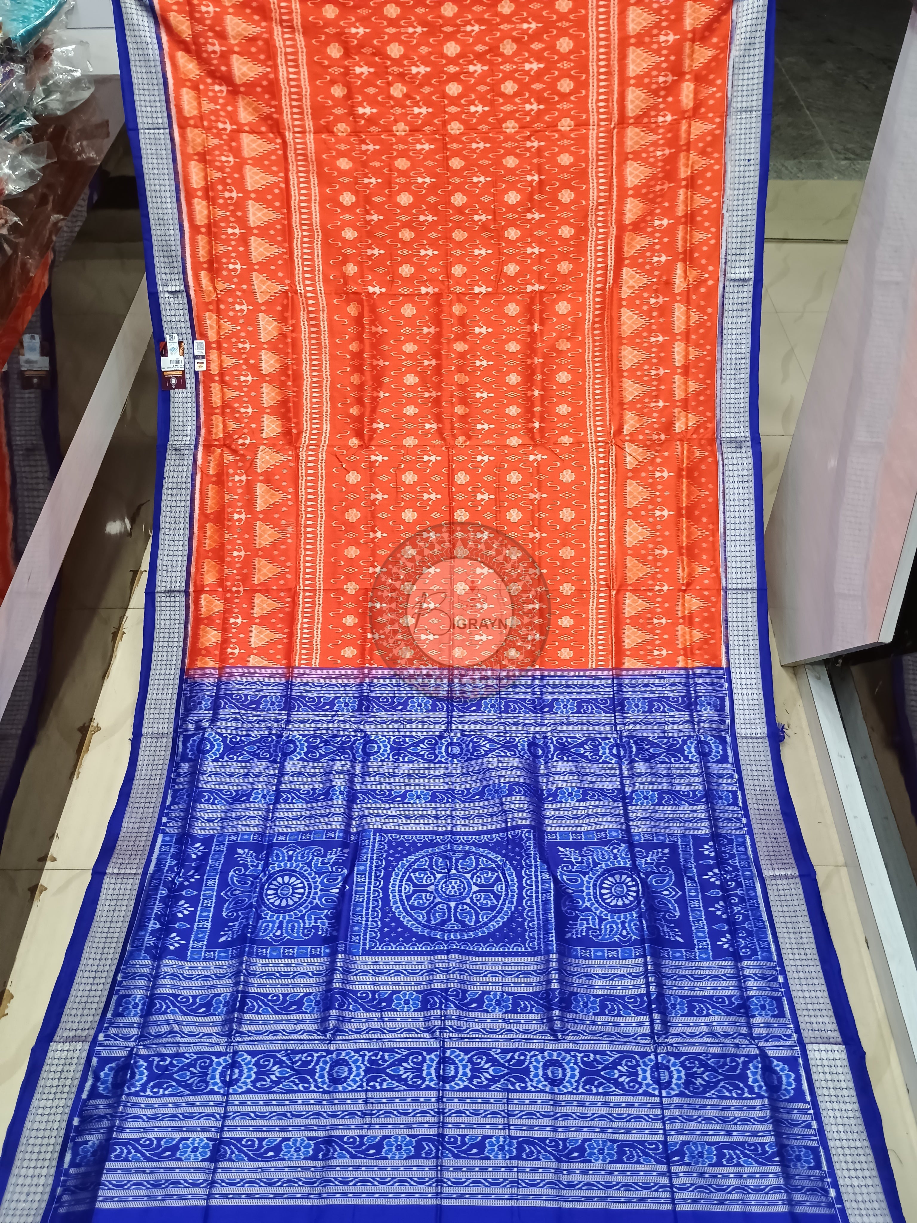 Orange Blue Tribal Ek Chandia Odisha Handloom Sambalpuri Silk Saree