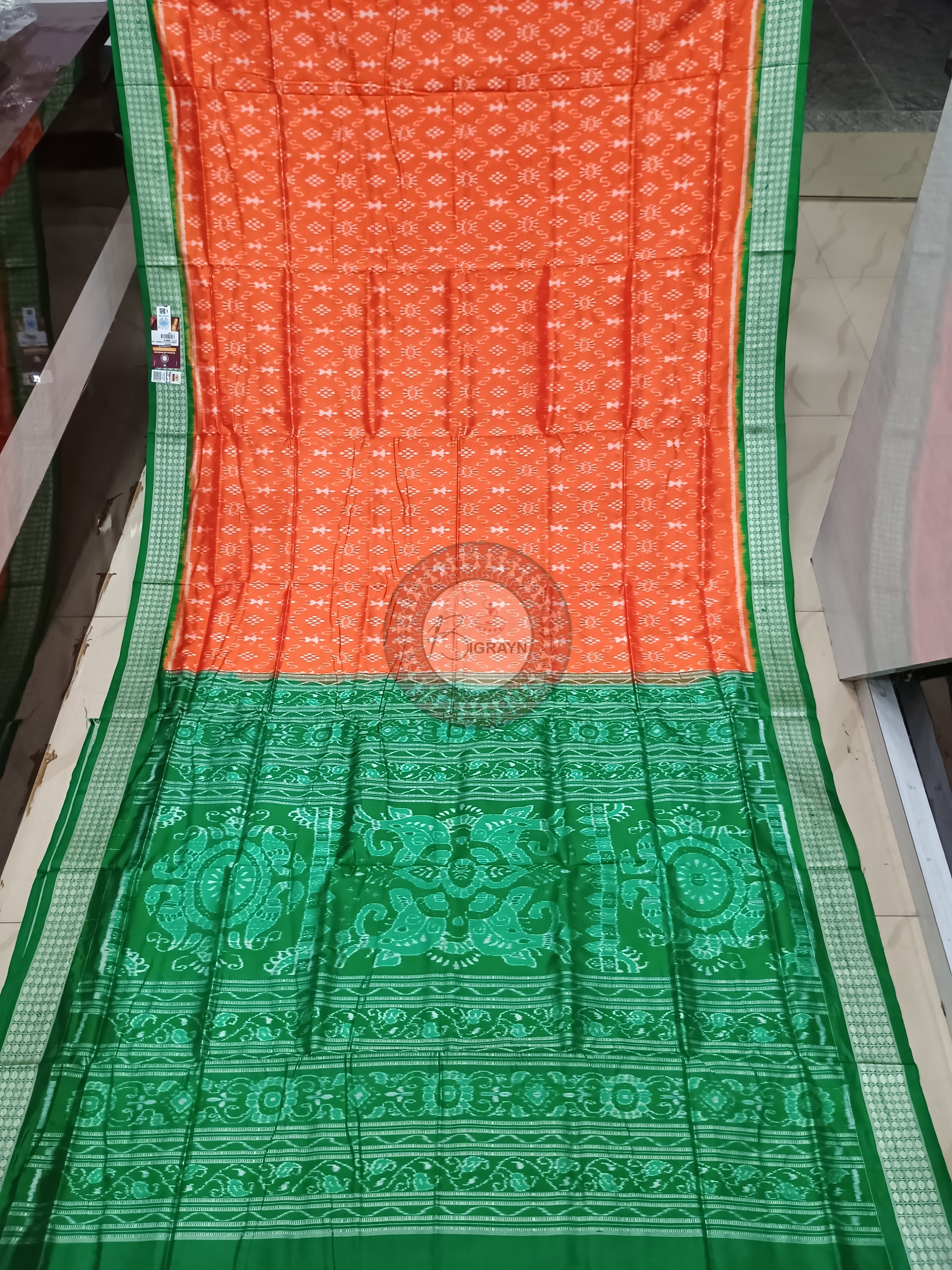 Orange Green Tribal Ek Chandia Odisha Handloom Sambalpuri Silk Saree