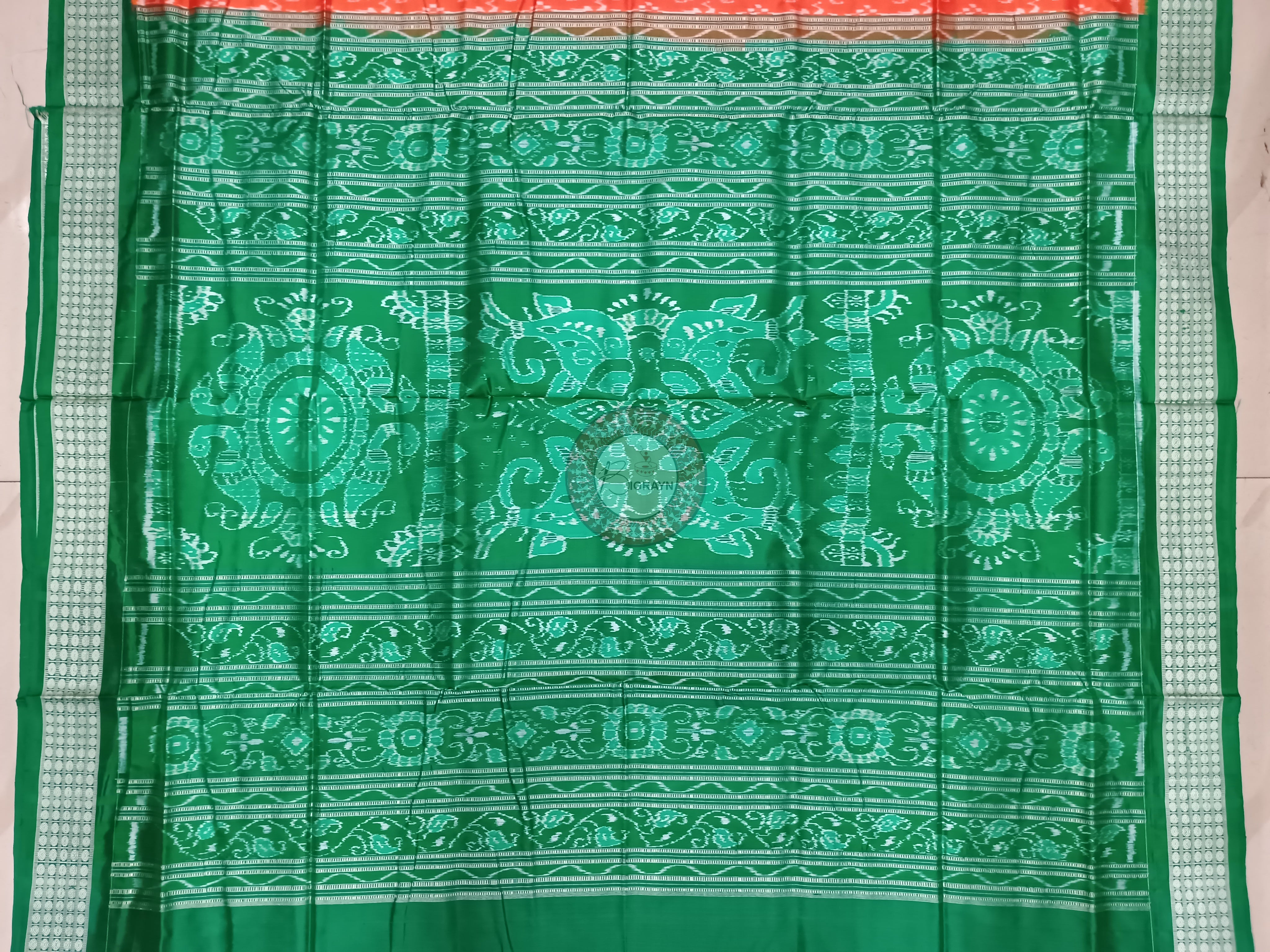 Orange Green Tribal Ek Chandia Odisha Handloom Sambalpuri Silk Saree