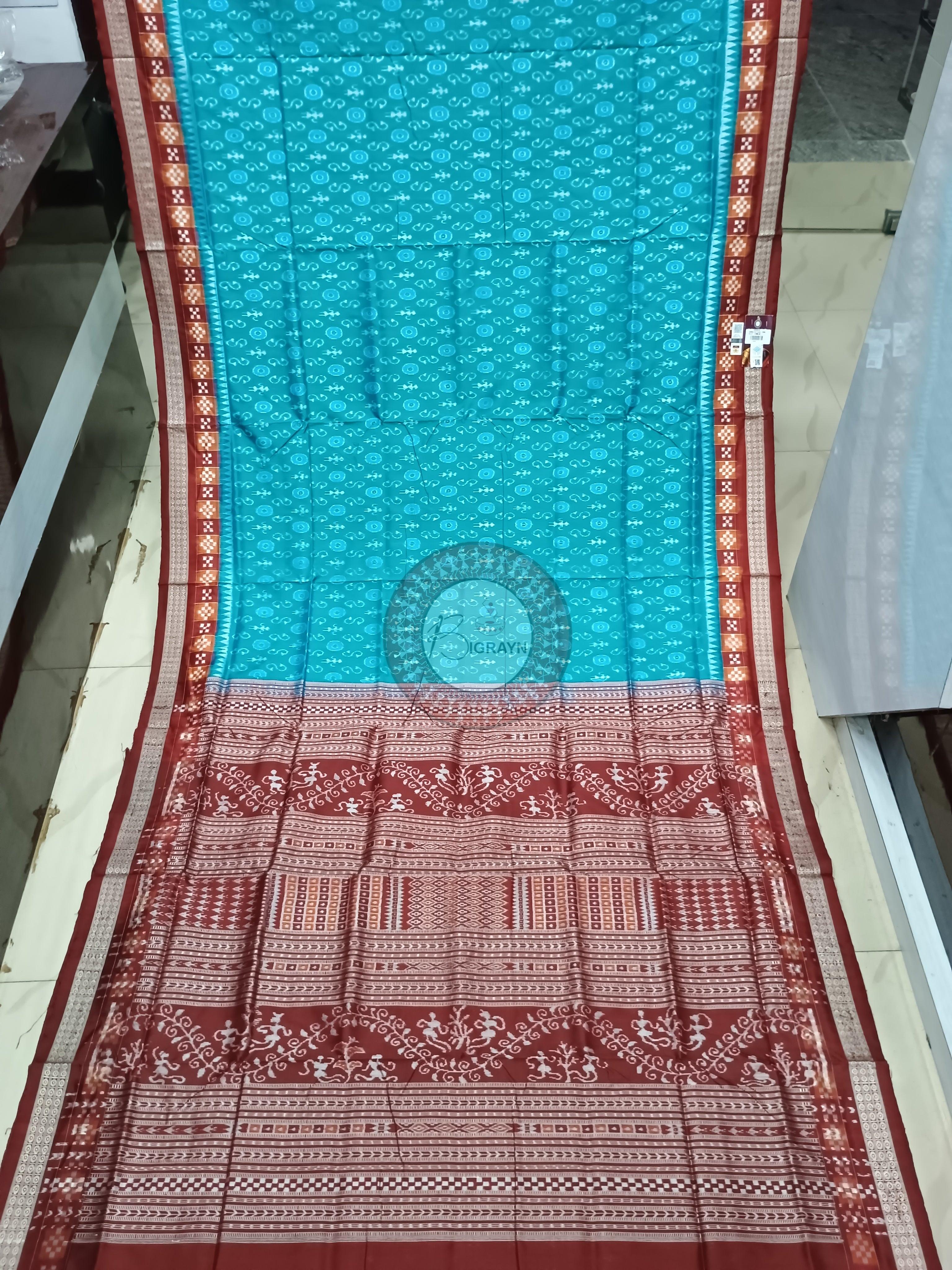 Copper Sulphate Maroon Pasapali Border Tribal Ek Chandia Odisha Handloom Sambalpuri Silk Saree