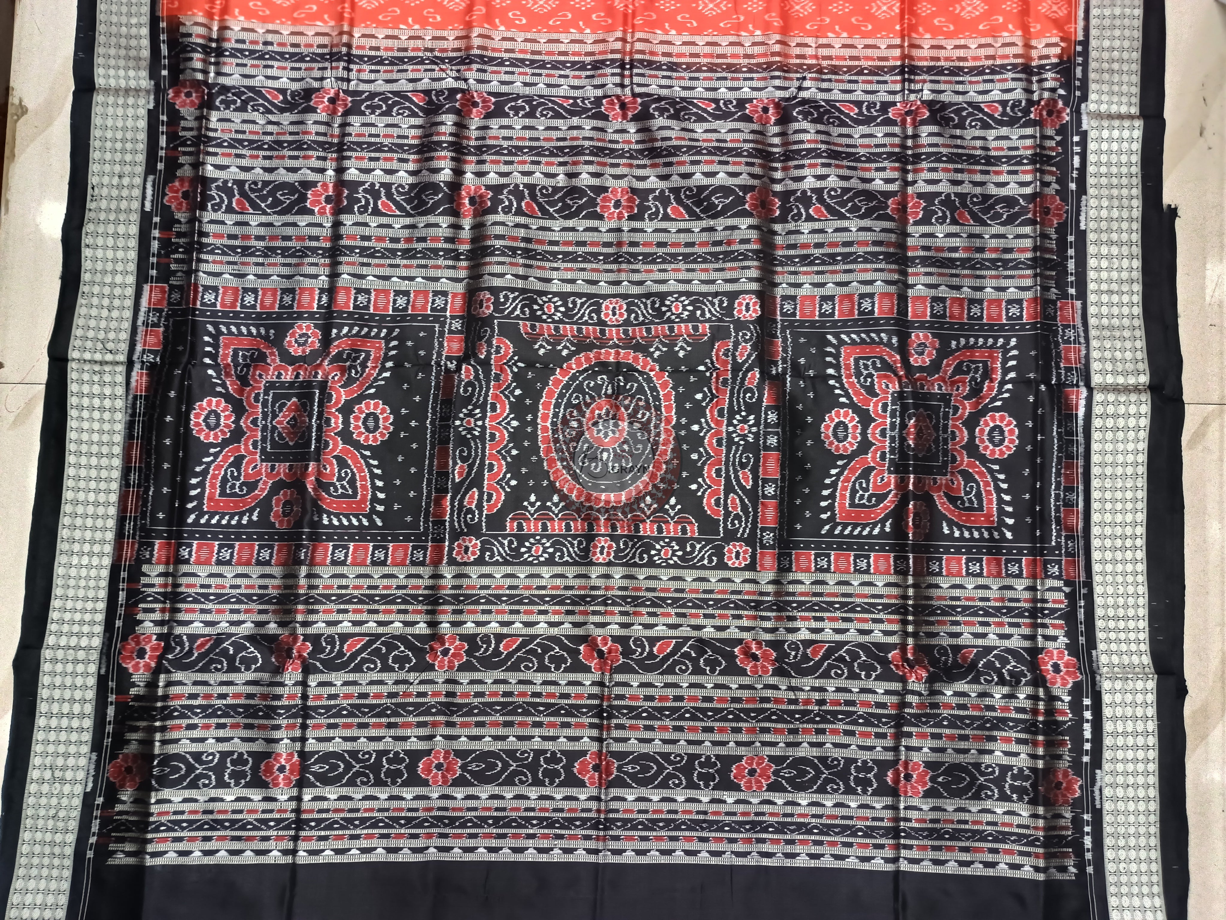 Orange Black Tribal Ek Chandia Odisha Handloom Sambalpuri Silk Saree
