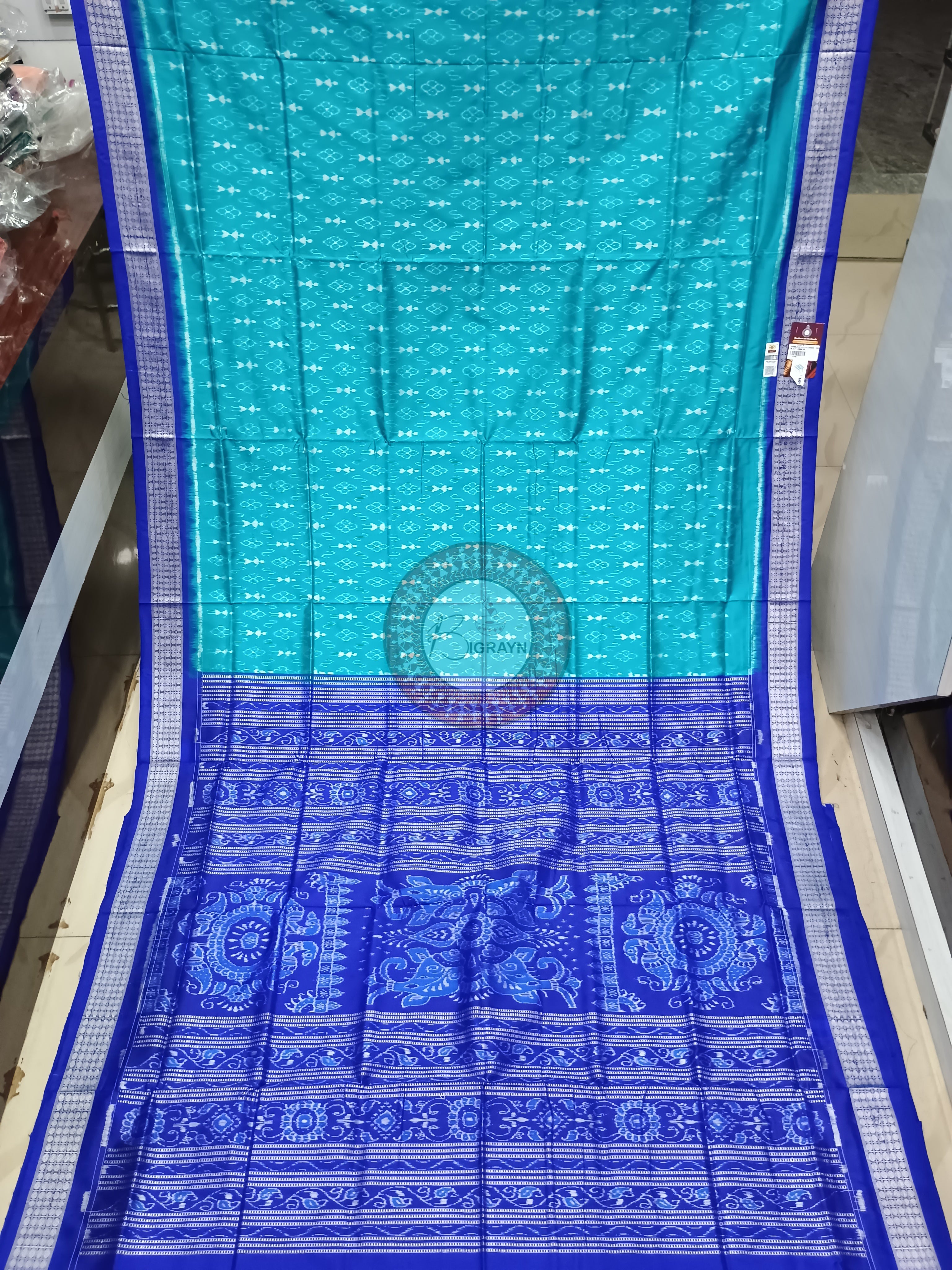 Sea Green Blue Ek Chandia Tribal Odisha Handloom Sambalpuri Silk Saree