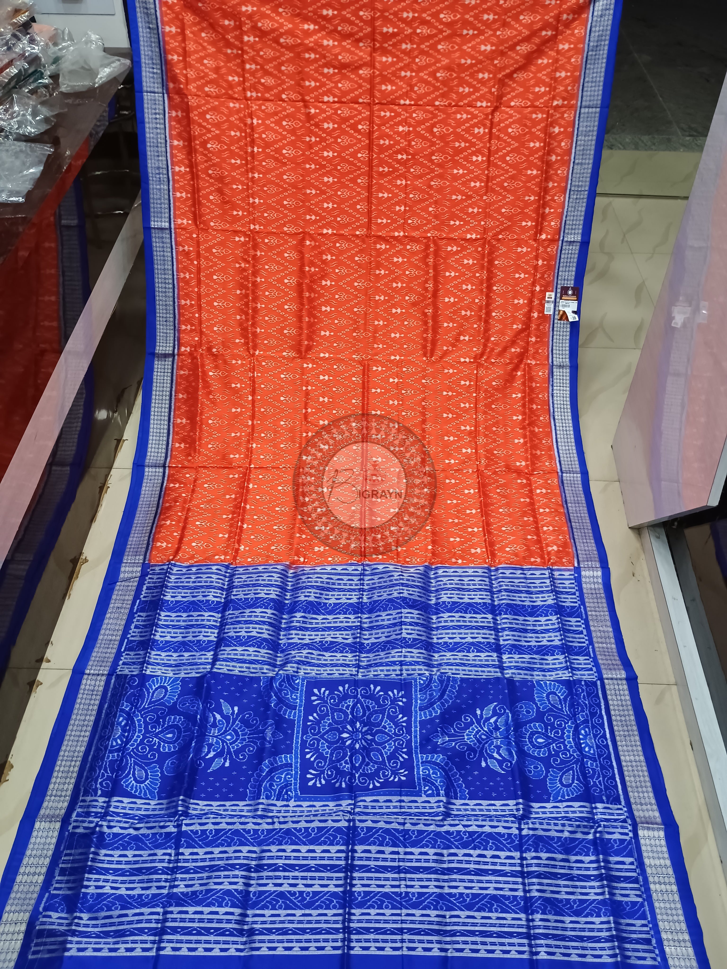 Orange Blue Tribal Odisha Handloom Sambalpuri Silk Saree