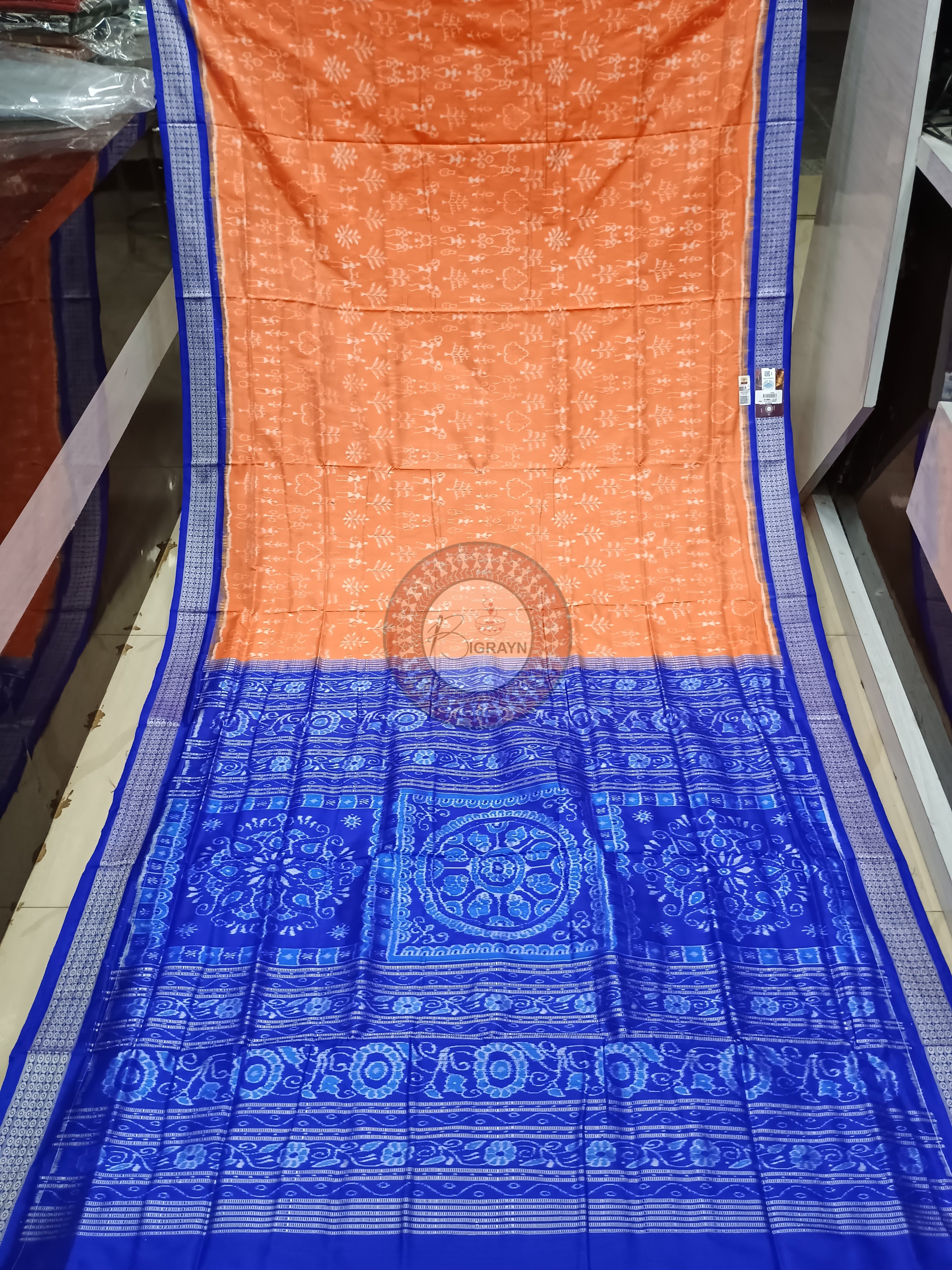 Peach Blue Tribal Tree Odisha Handloom Sambalpuri Silk Saree