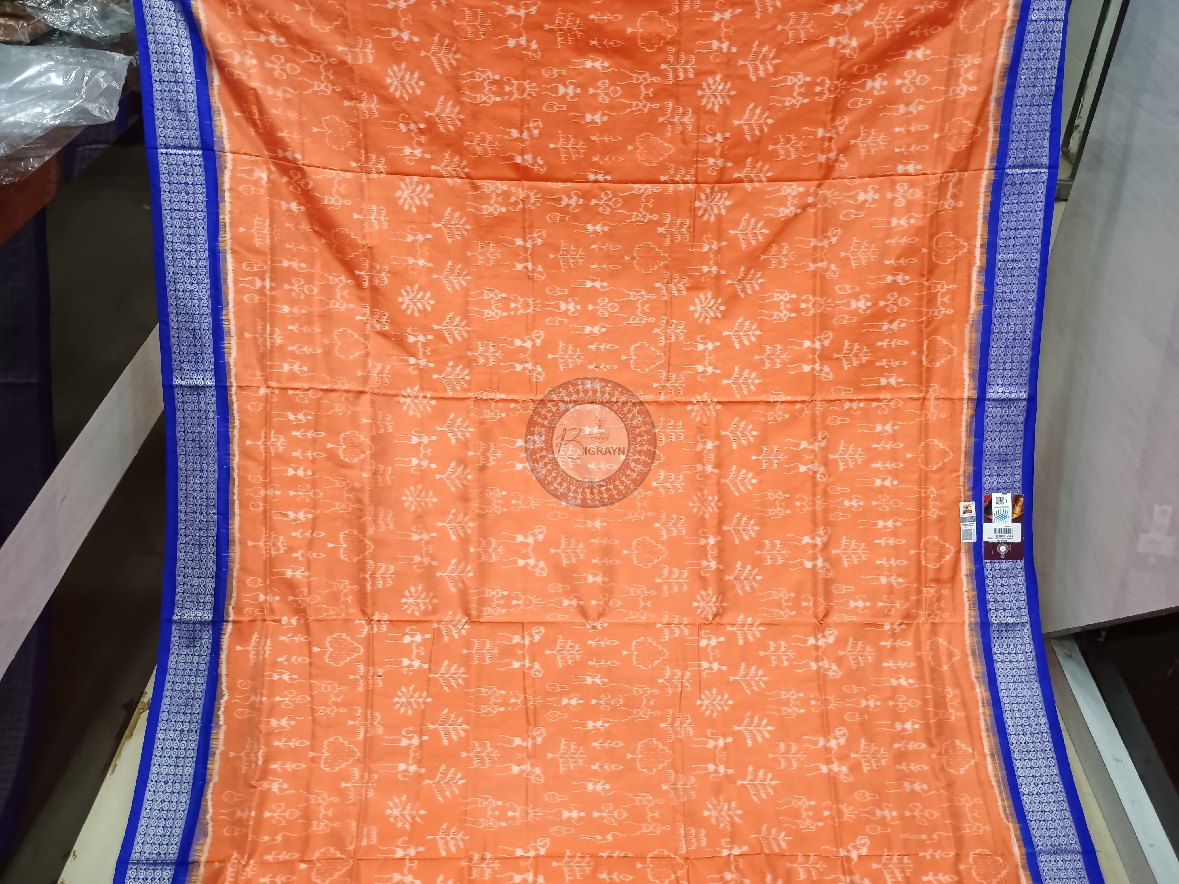 Peach Blue Tribal Tree Odisha Handloom Sambalpuri Silk Saree