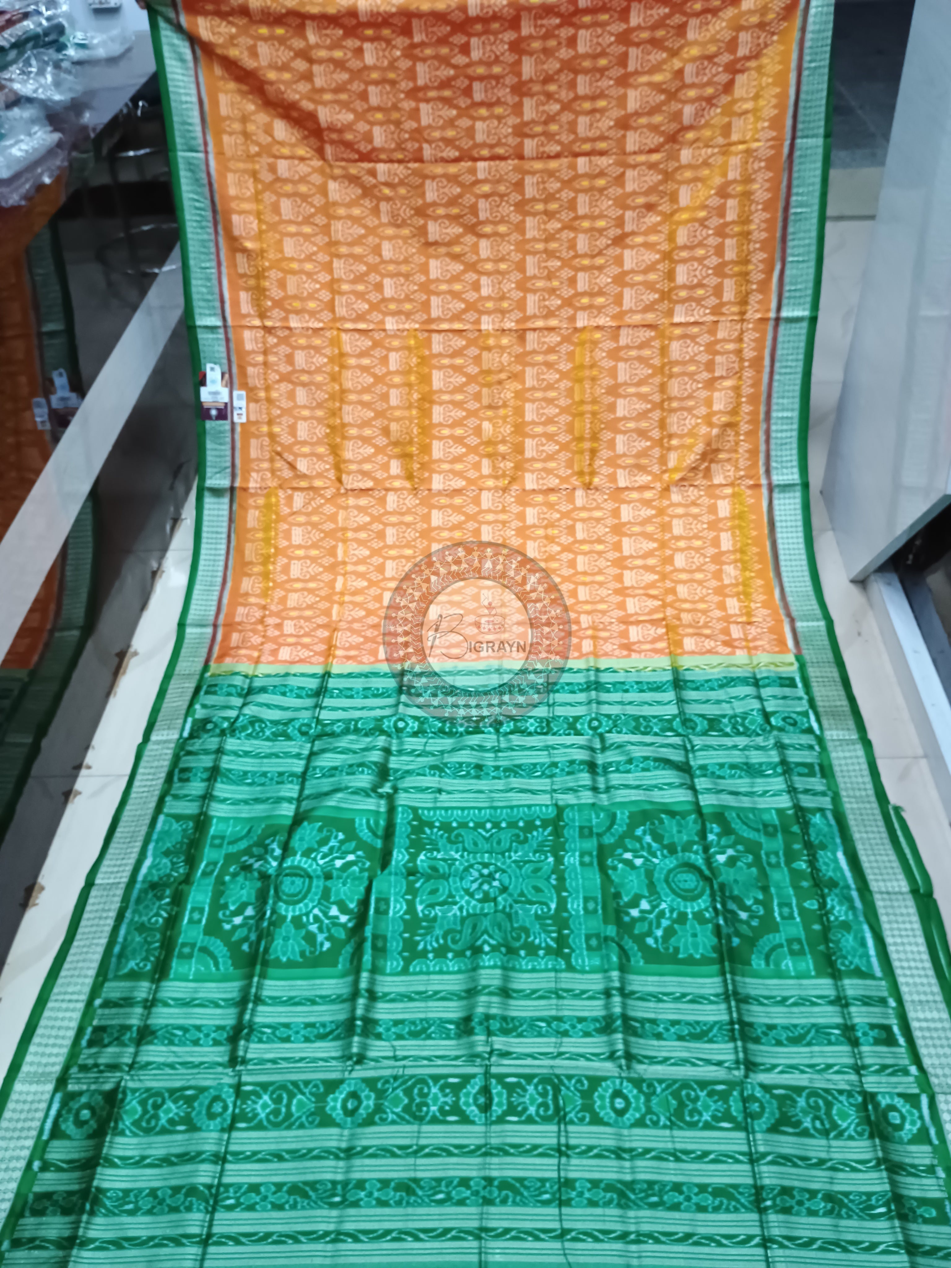 Dual Shade Yellow Green Tree Odisha Handloom Sambalpuri Silk Saree