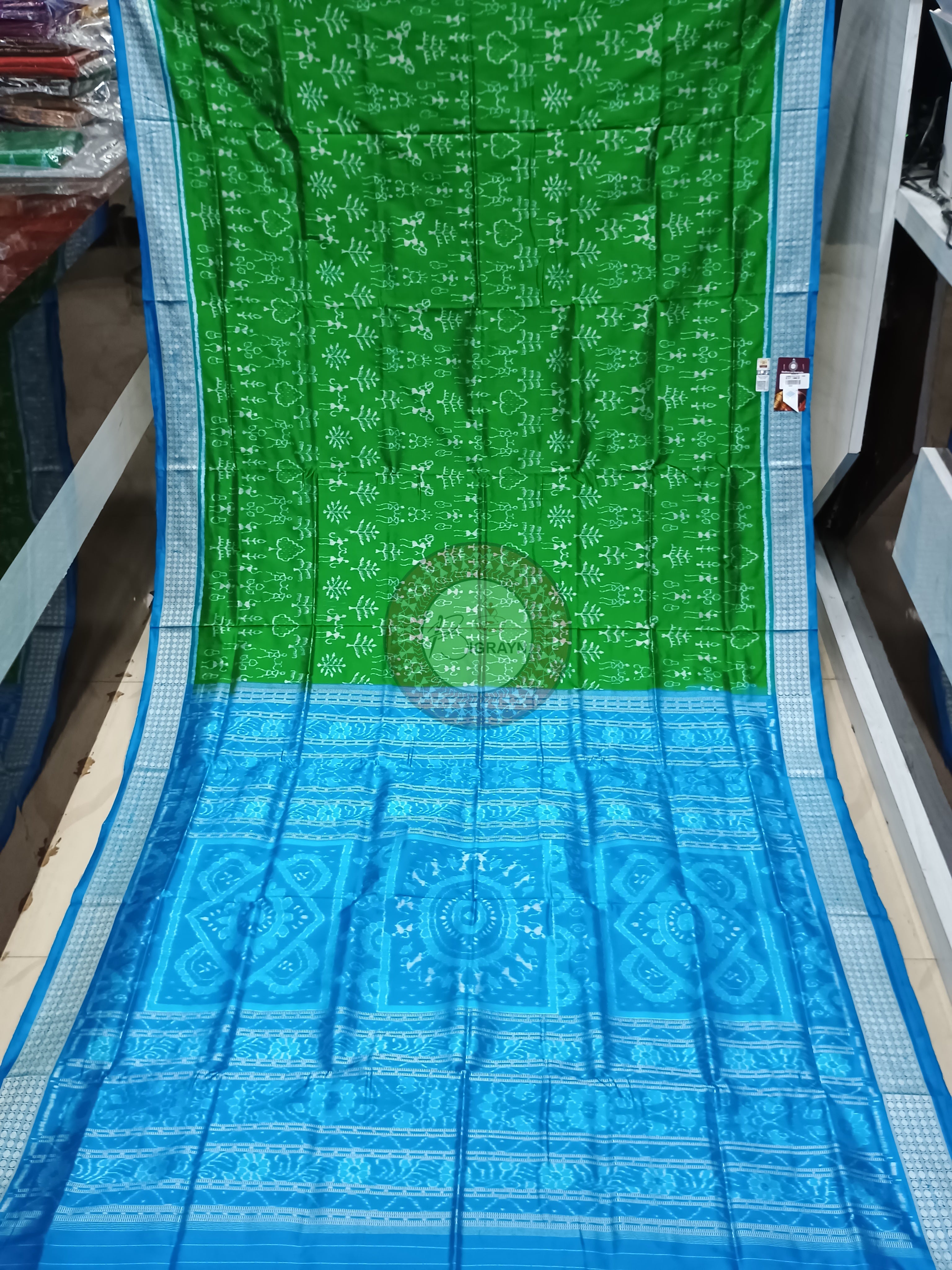 Green Copper Sulphate Tribal And Tree Odisha Handloom Sambalpuri Silk Saree
