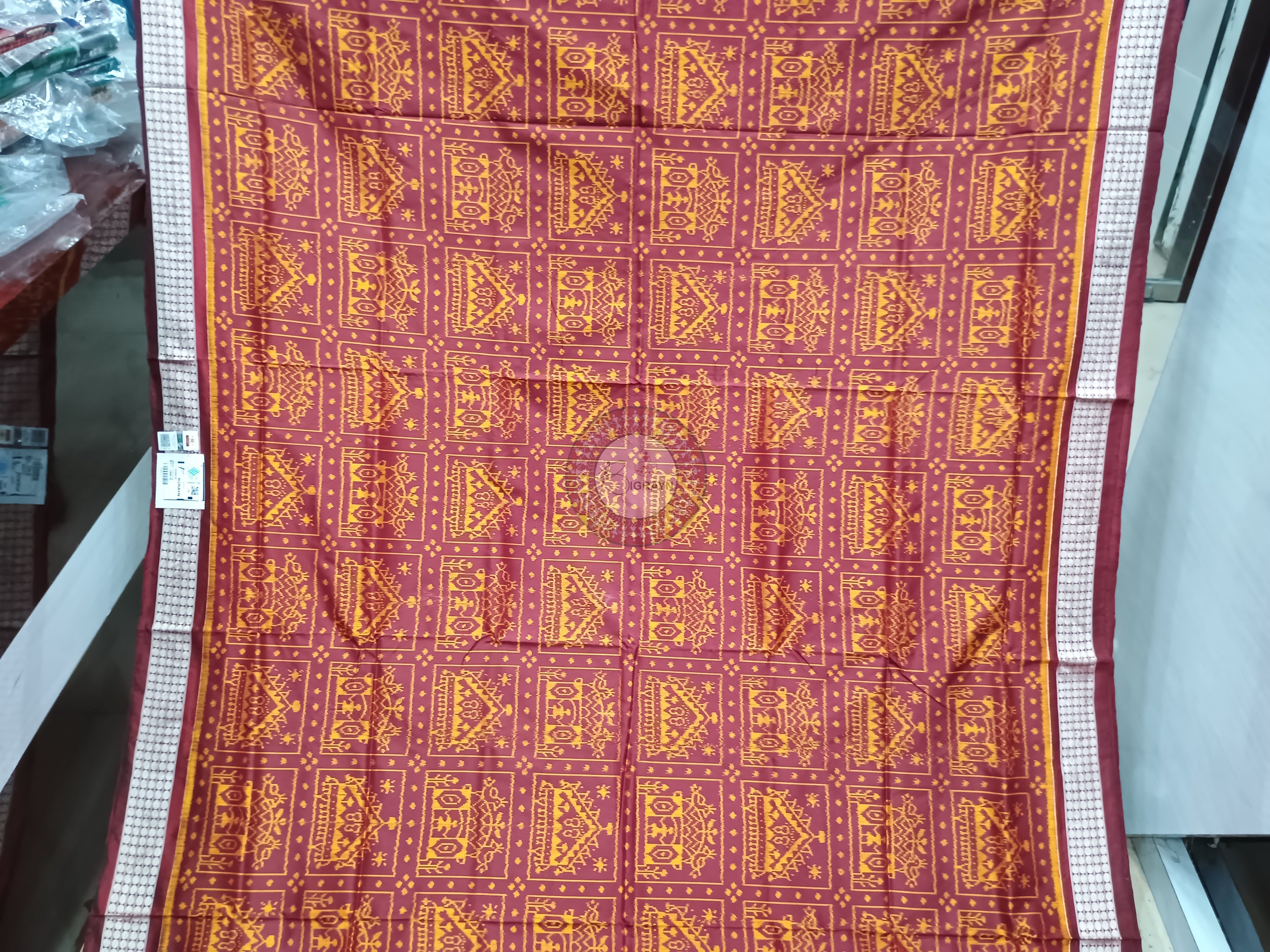 Maroon Yellow Tribal And Laxmi Pada Odisha Handloom Sambalpuri Silk Saree