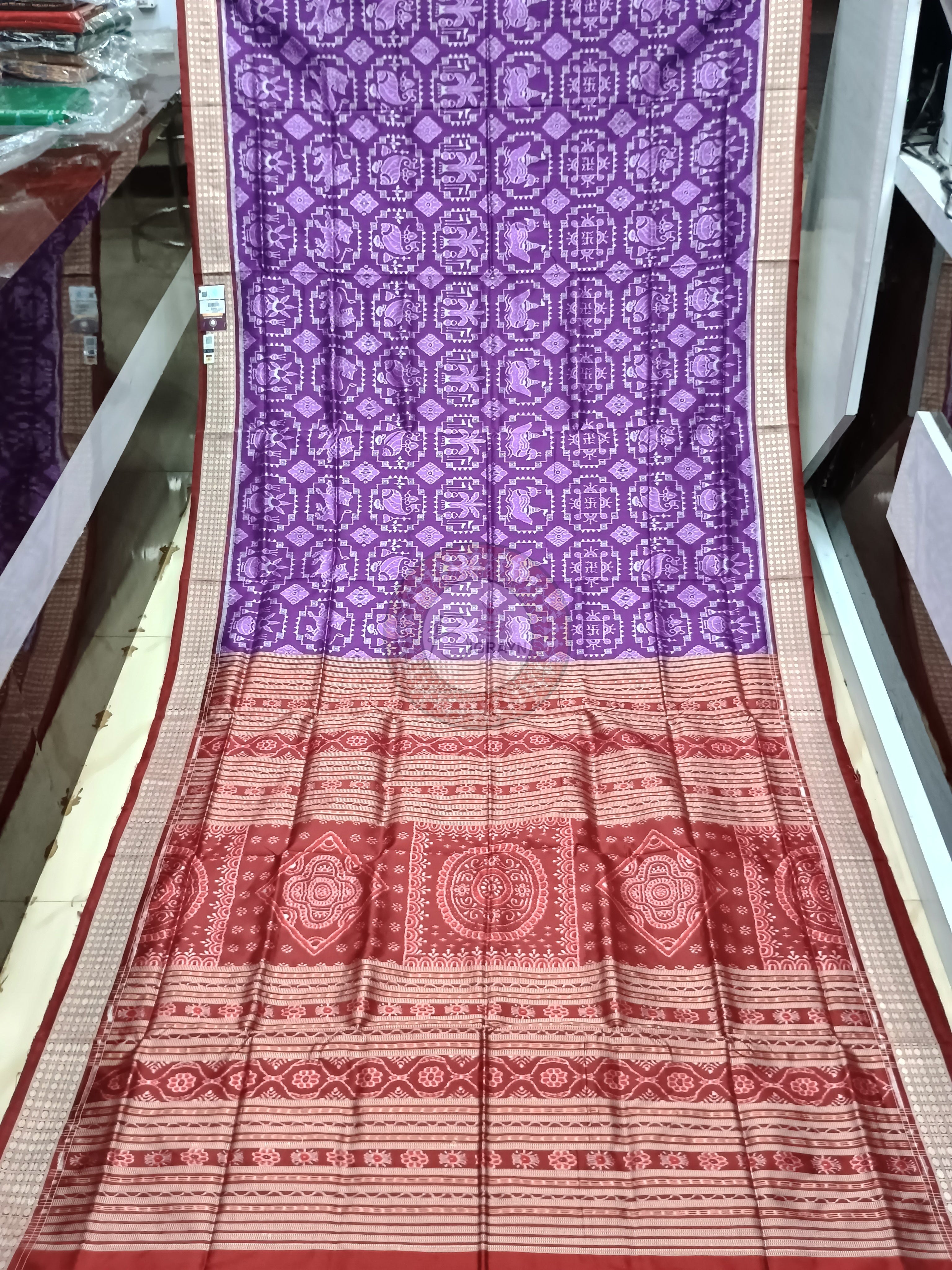 Purple Maroon Kalasha And Banana Tree With Animal Odisha Handloom Sambalpuri Silk Saree