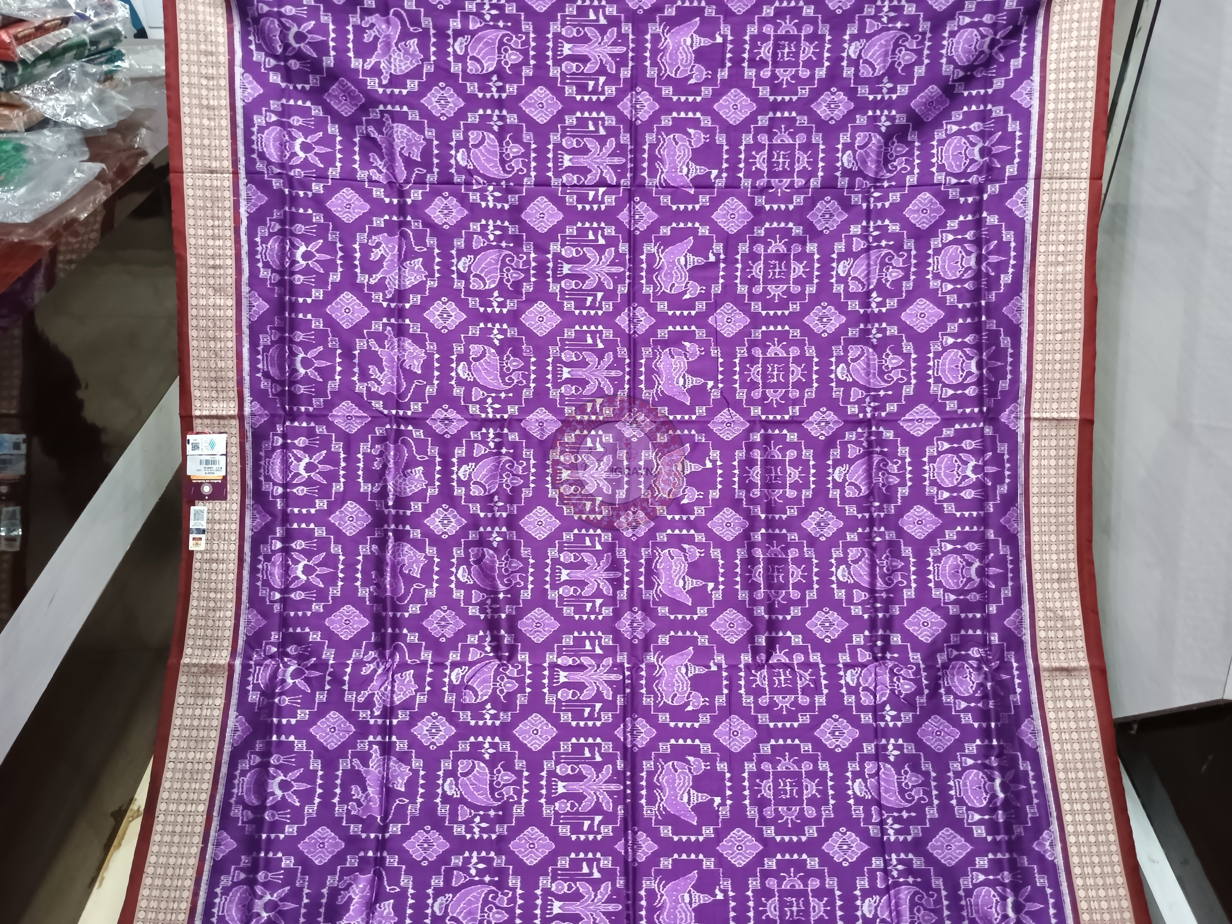 Purple Maroon Kalasha And Banana Tree With Animal Odisha Handloom Sambalpuri Silk Saree