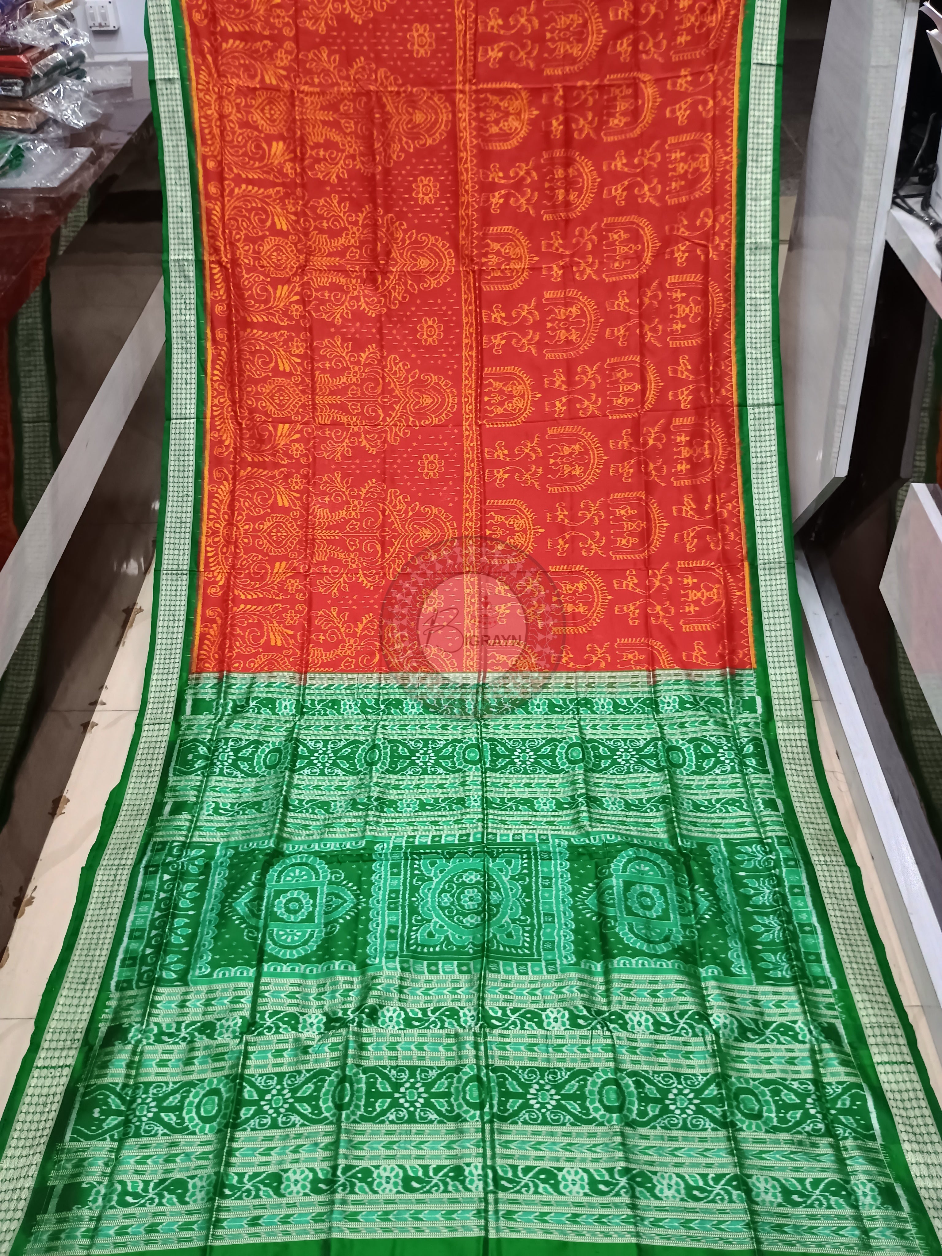 Red Green Tribal And Tree Odisha Handloom Sambalpuri Silk Saree