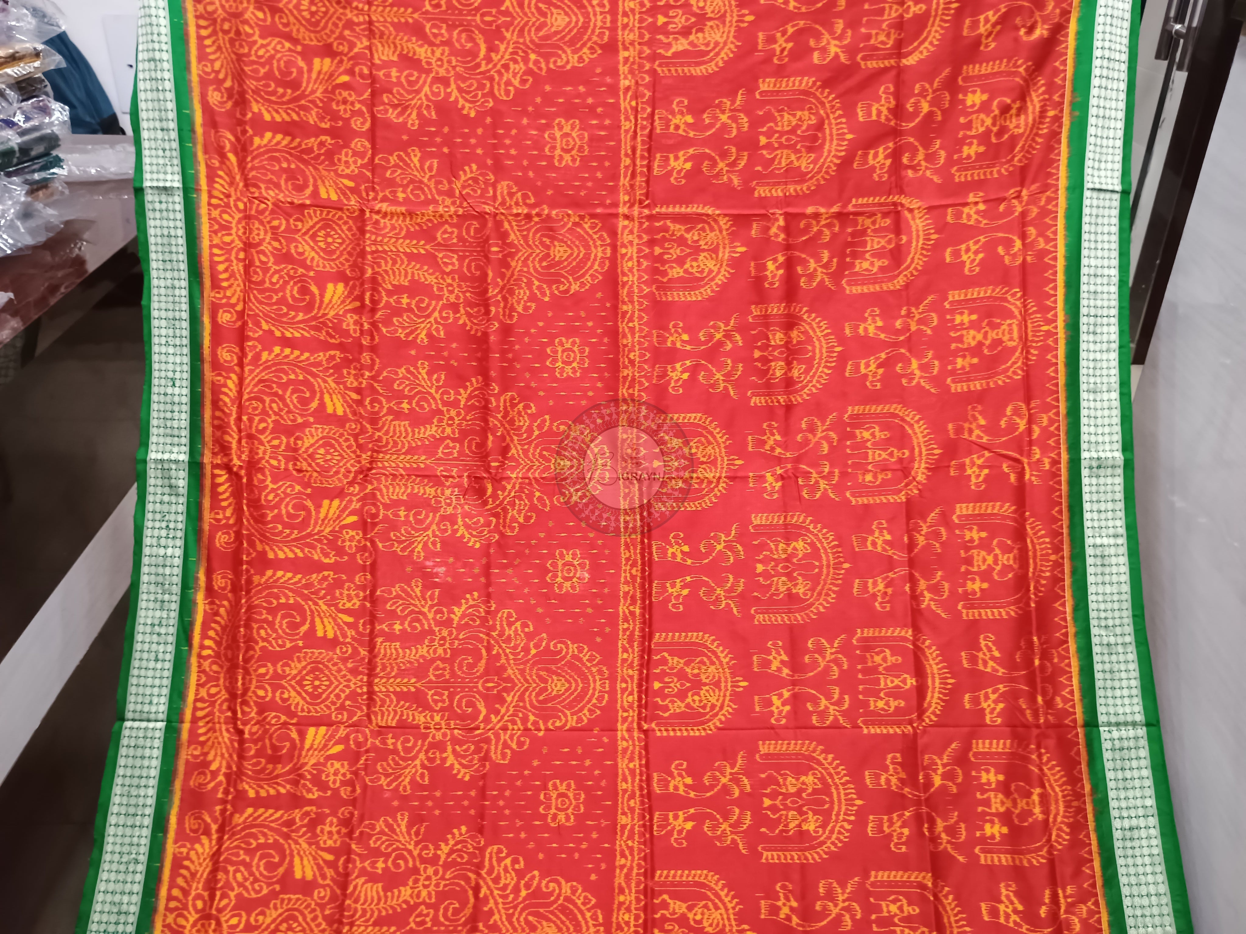 Red Green Tribal And Tree Odisha Handloom Sambalpuri Silk Saree