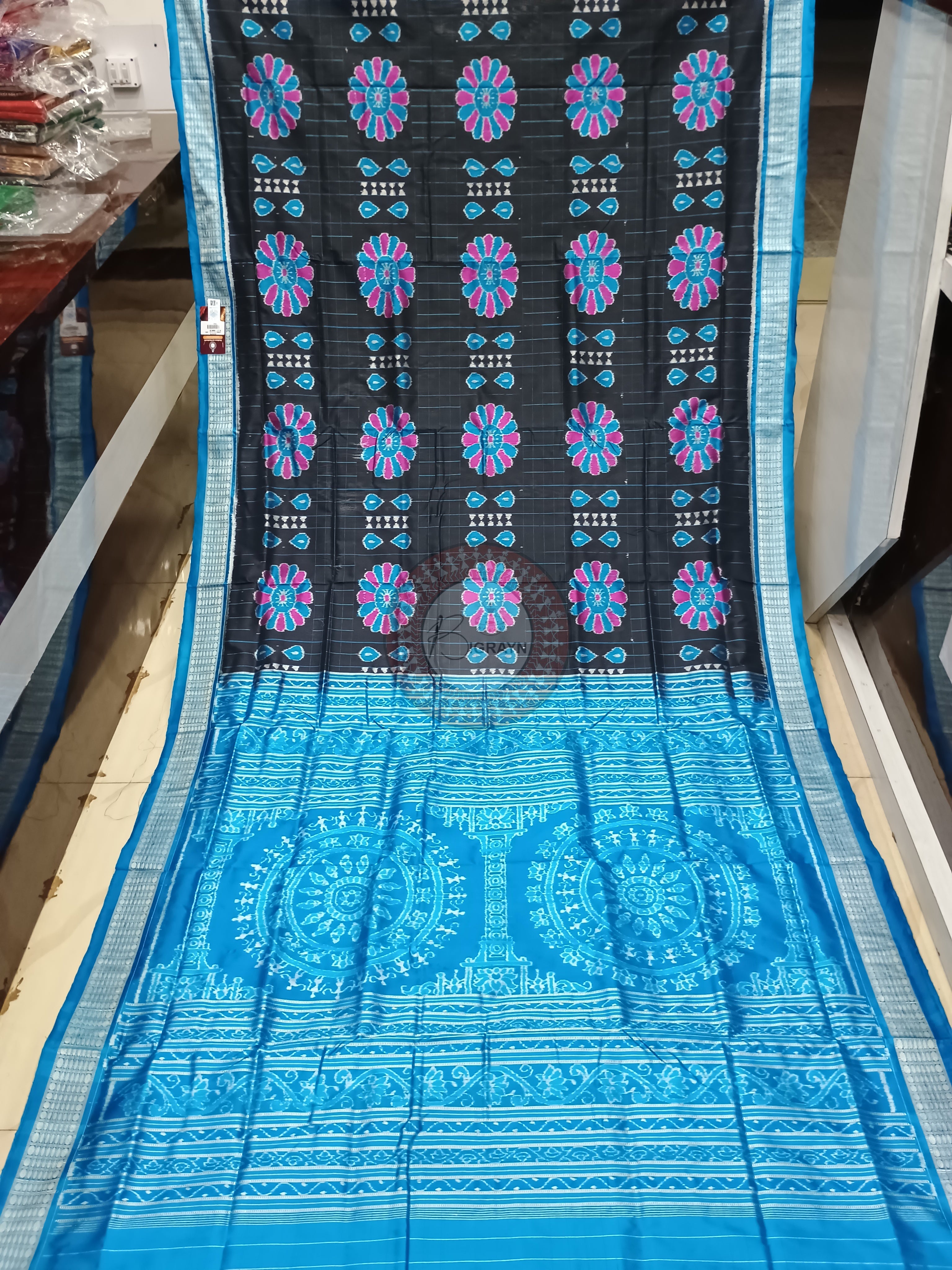 Black Copper Sulphate Bagambari Flower Design Odisha Handloom Sambalpuri Silk Saree