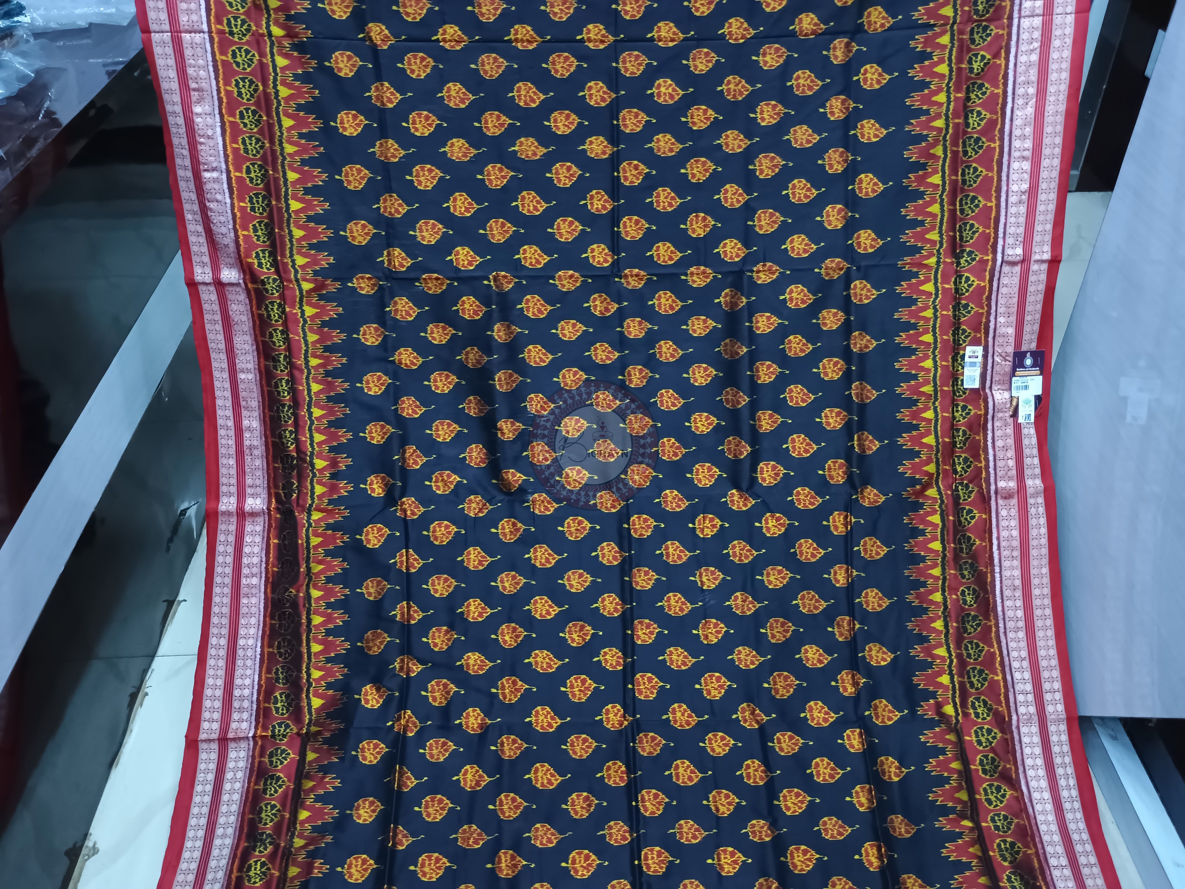 Black Red Peepal Leaf Odisha Handloom Sambalpuri Silk Saree