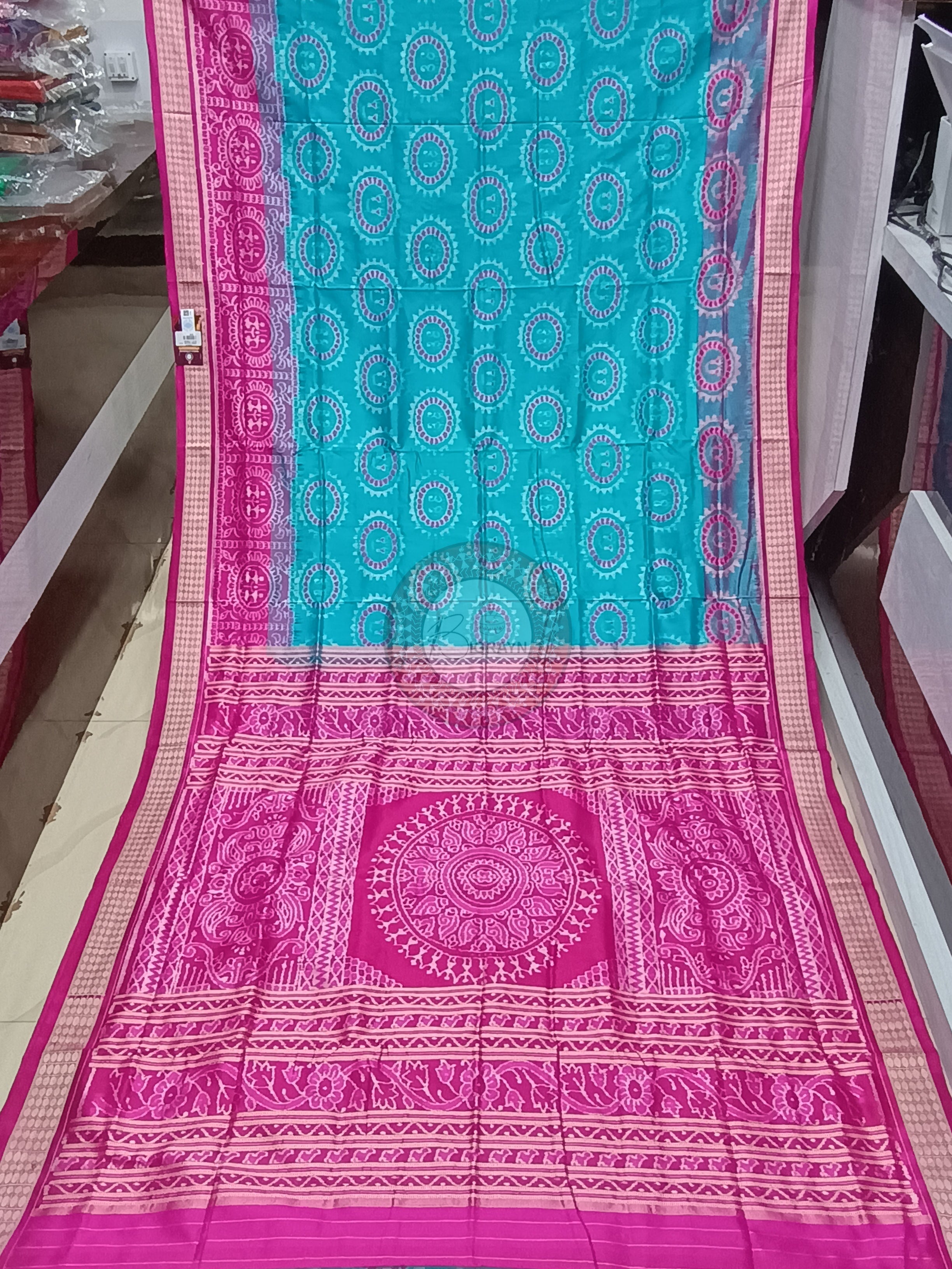 Sea Green Magenta Tribal And Laxmi Pada Odisha Handloom Sambalpuri Silk Saree