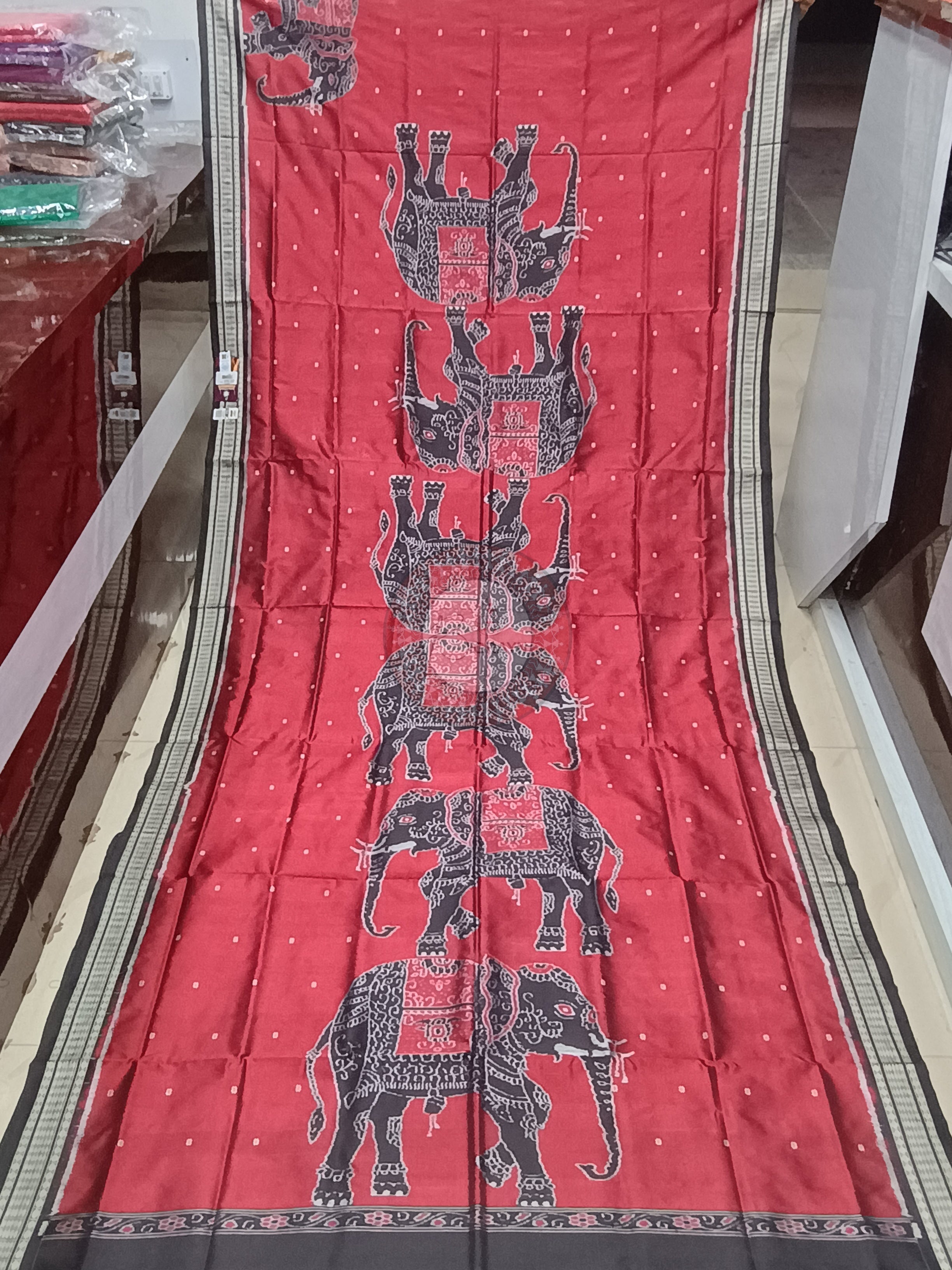 Maroon Black Elephant Odisha Handloom Sambalpuri Silk Saree