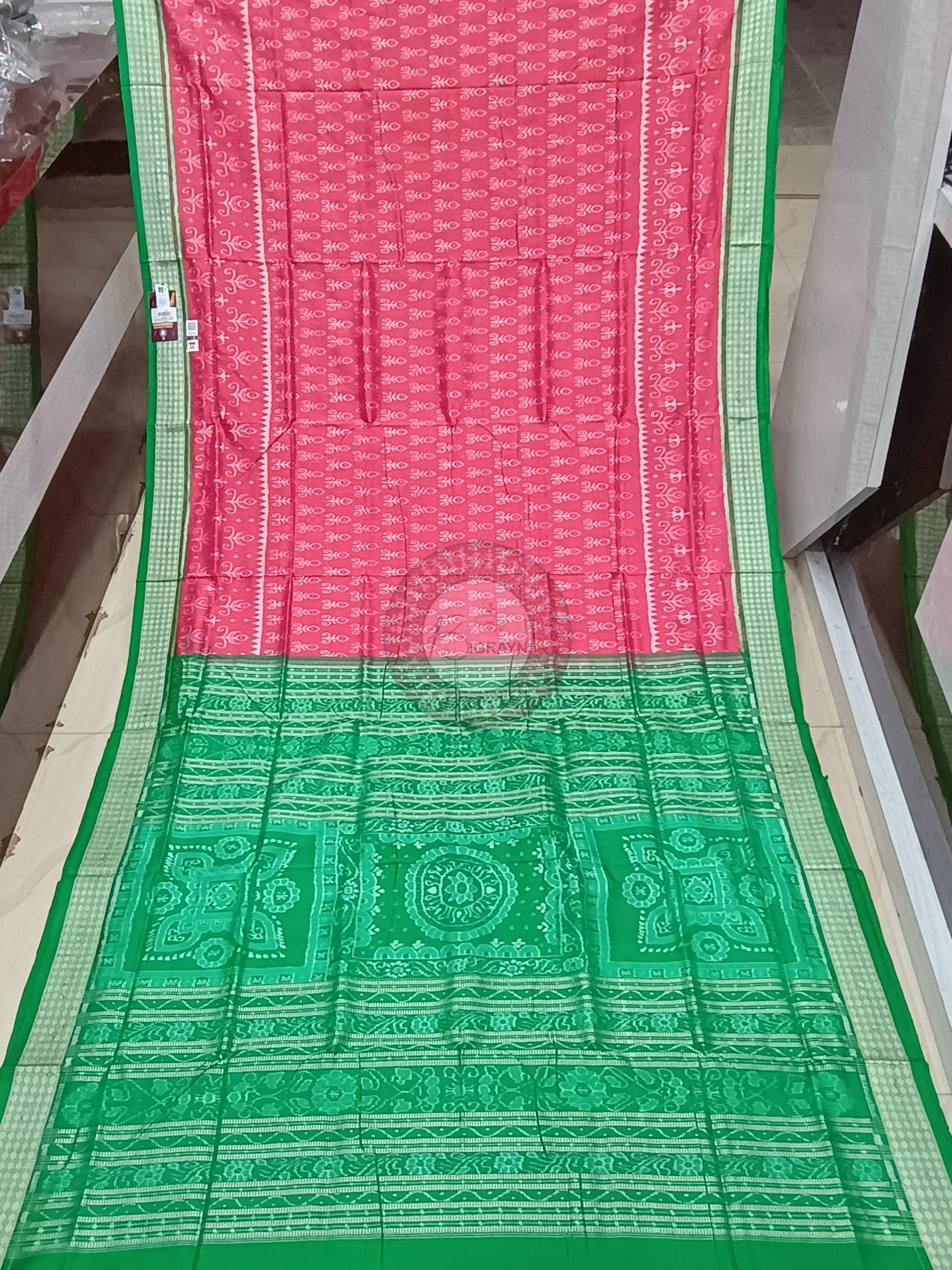 Peach Pink Green Ikat Design Odisha Handloom Sambalpuri Silk Saree