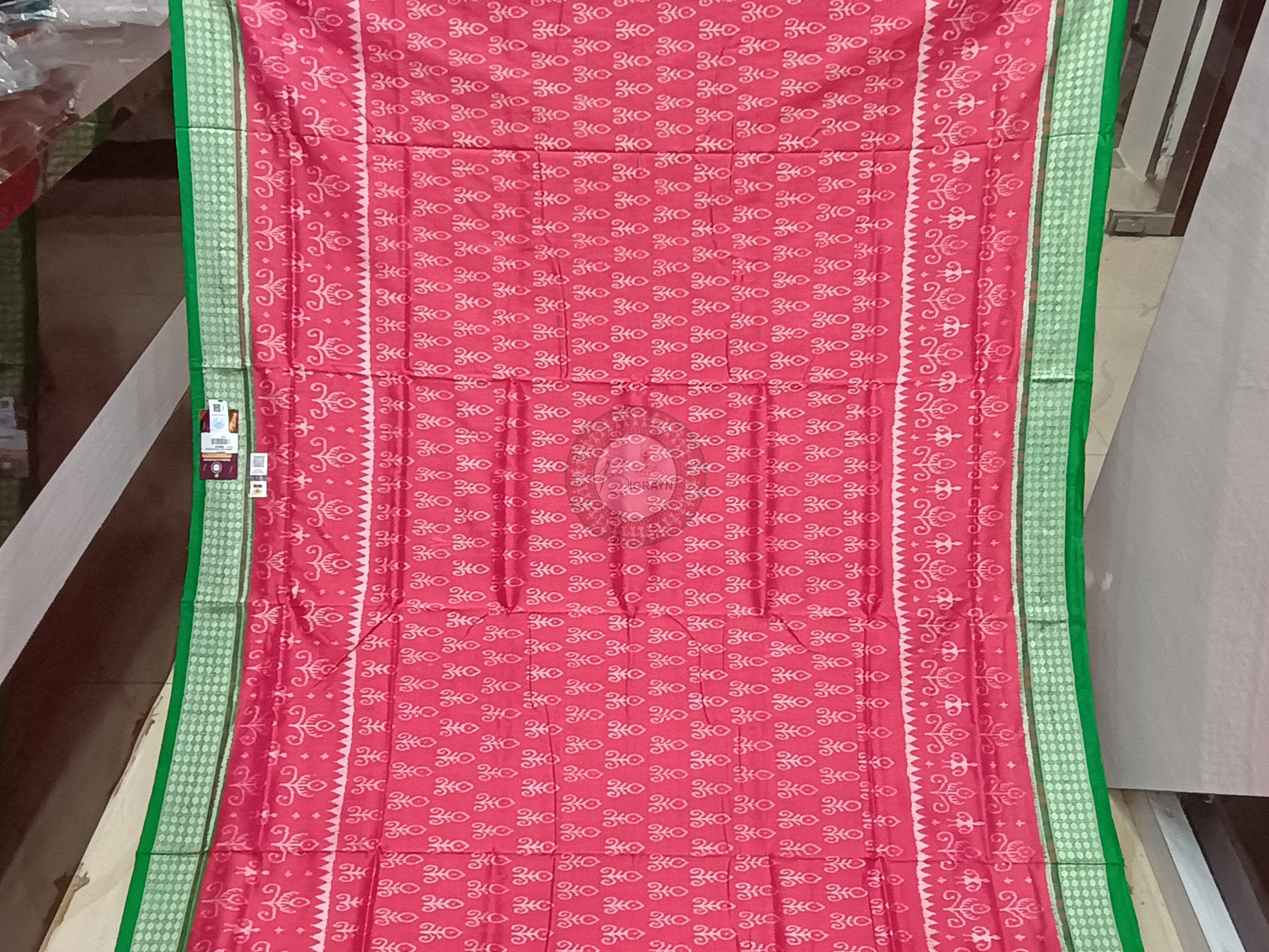 Peach Pink Green Ikat Design Odisha Handloom Sambalpuri Silk Saree
