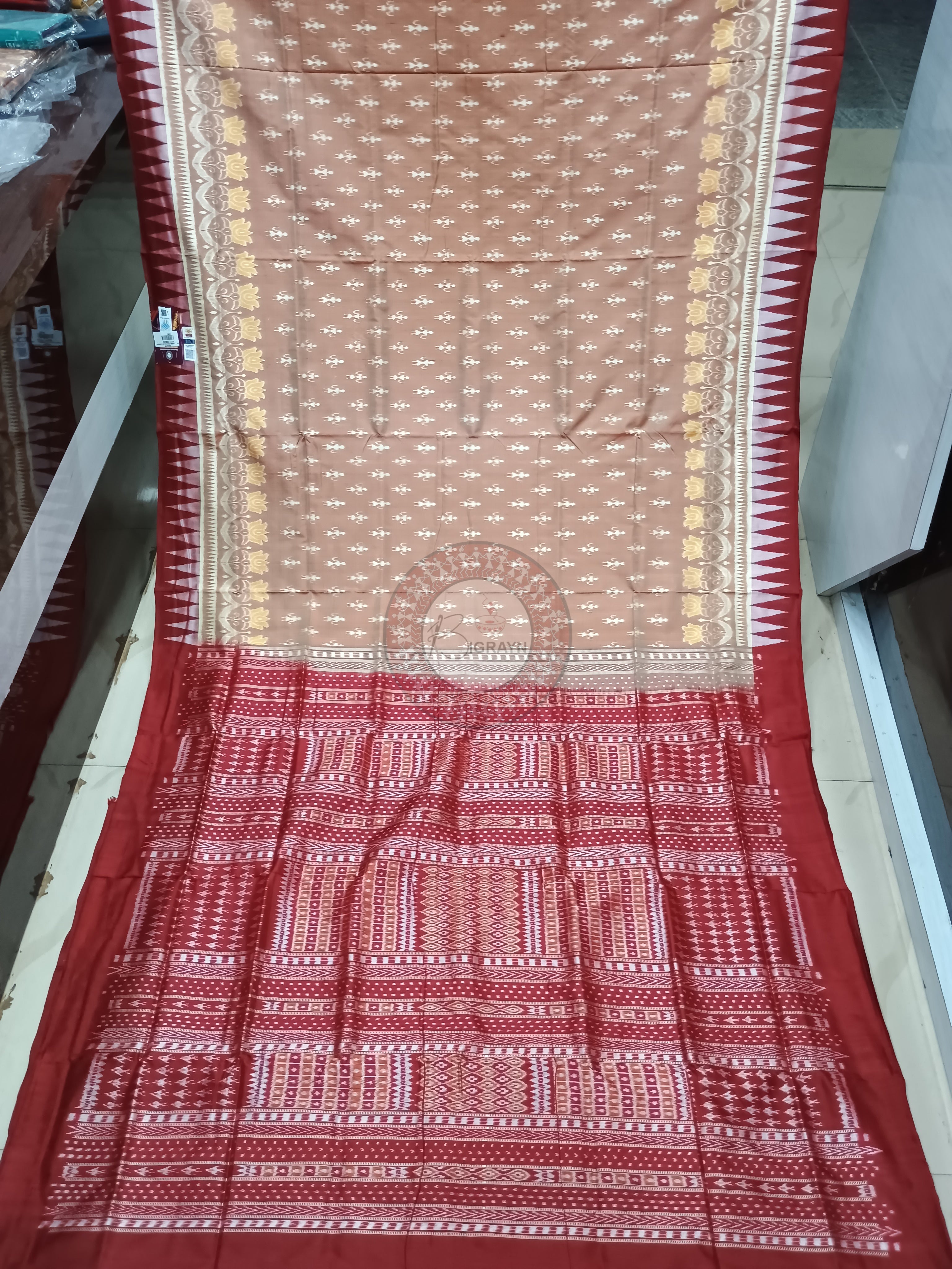 Peach Maroon Ek Chandia Odisha Handloom Sambalpuri Silk Saree