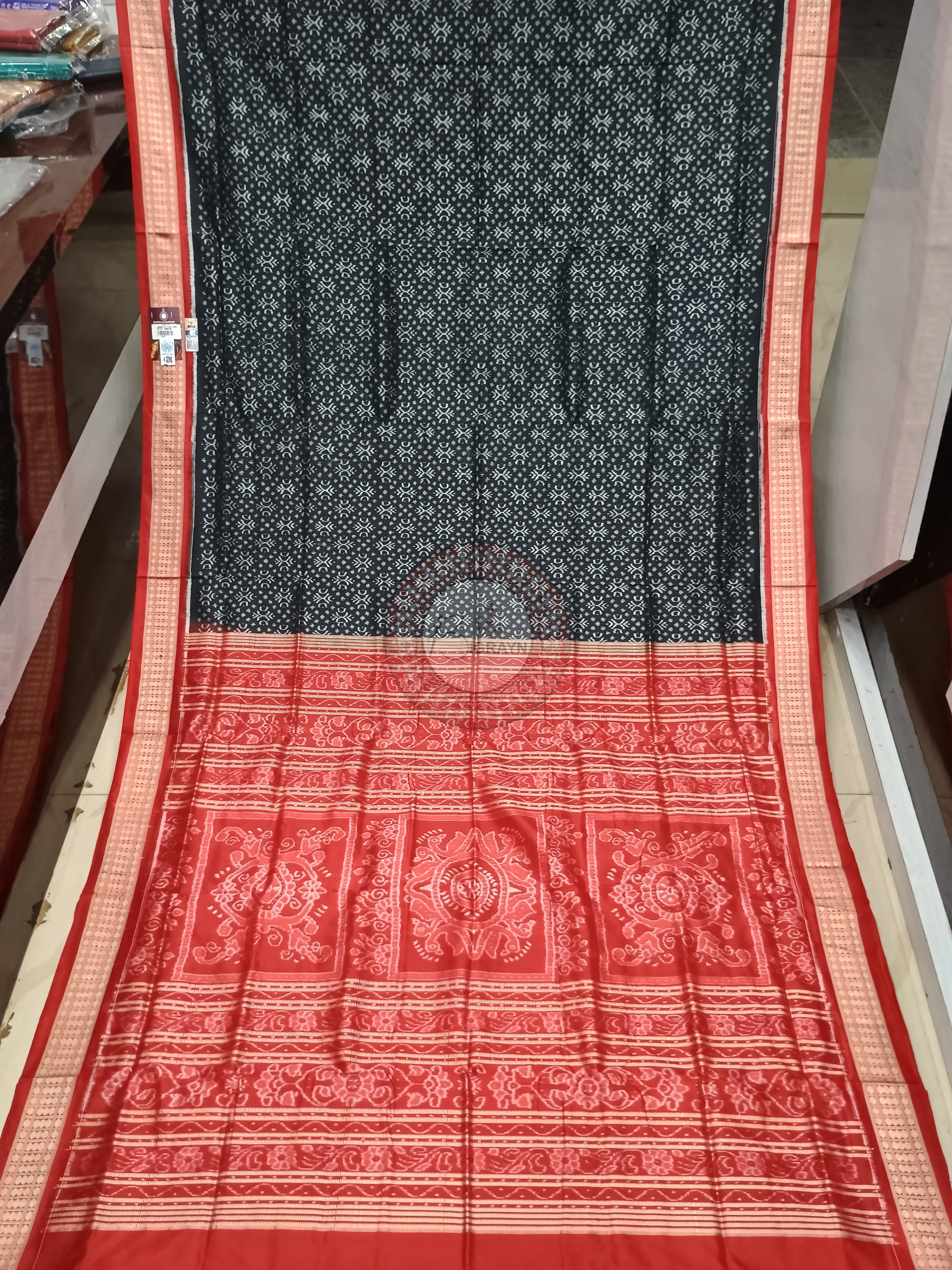 Black Red Ikat Odisha Handloom Sambalpuri Silk Saree