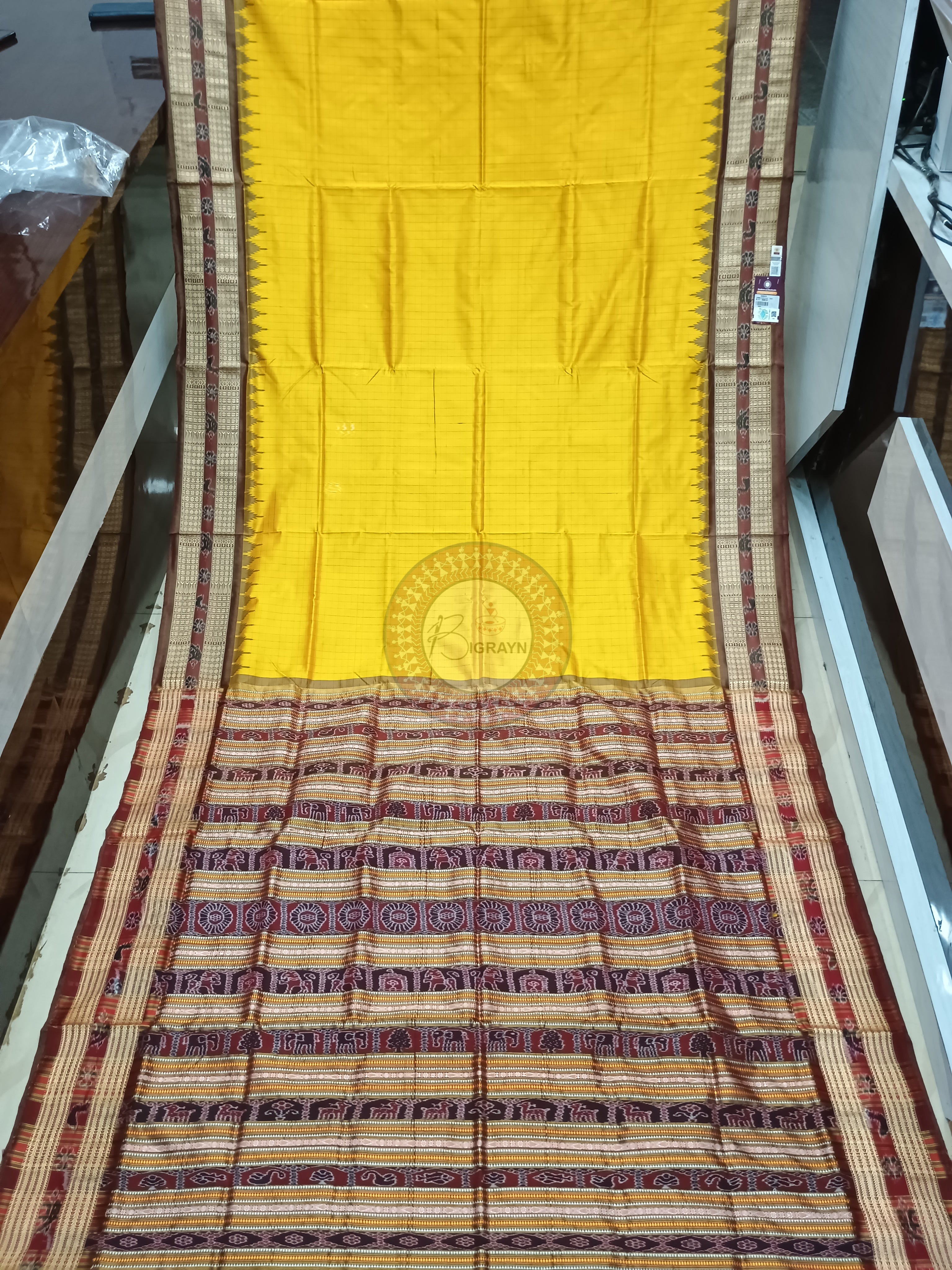 Mustard Yellow Maroon Sachipar Odisha Handloom Sambalpuri Silk Saree
