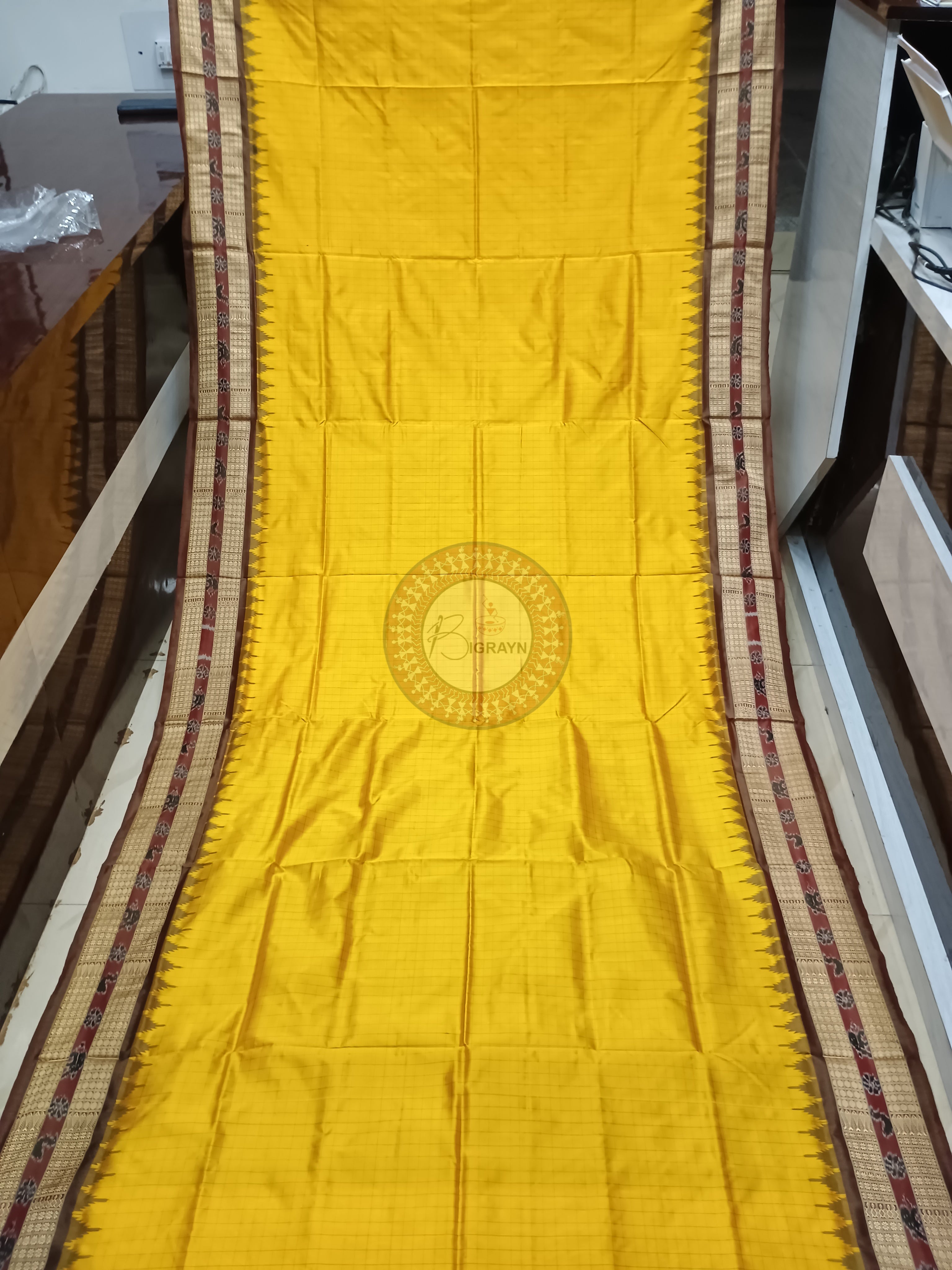 Mustard Yellow Maroon Sachipar Odisha Handloom Sambalpuri Silk Saree