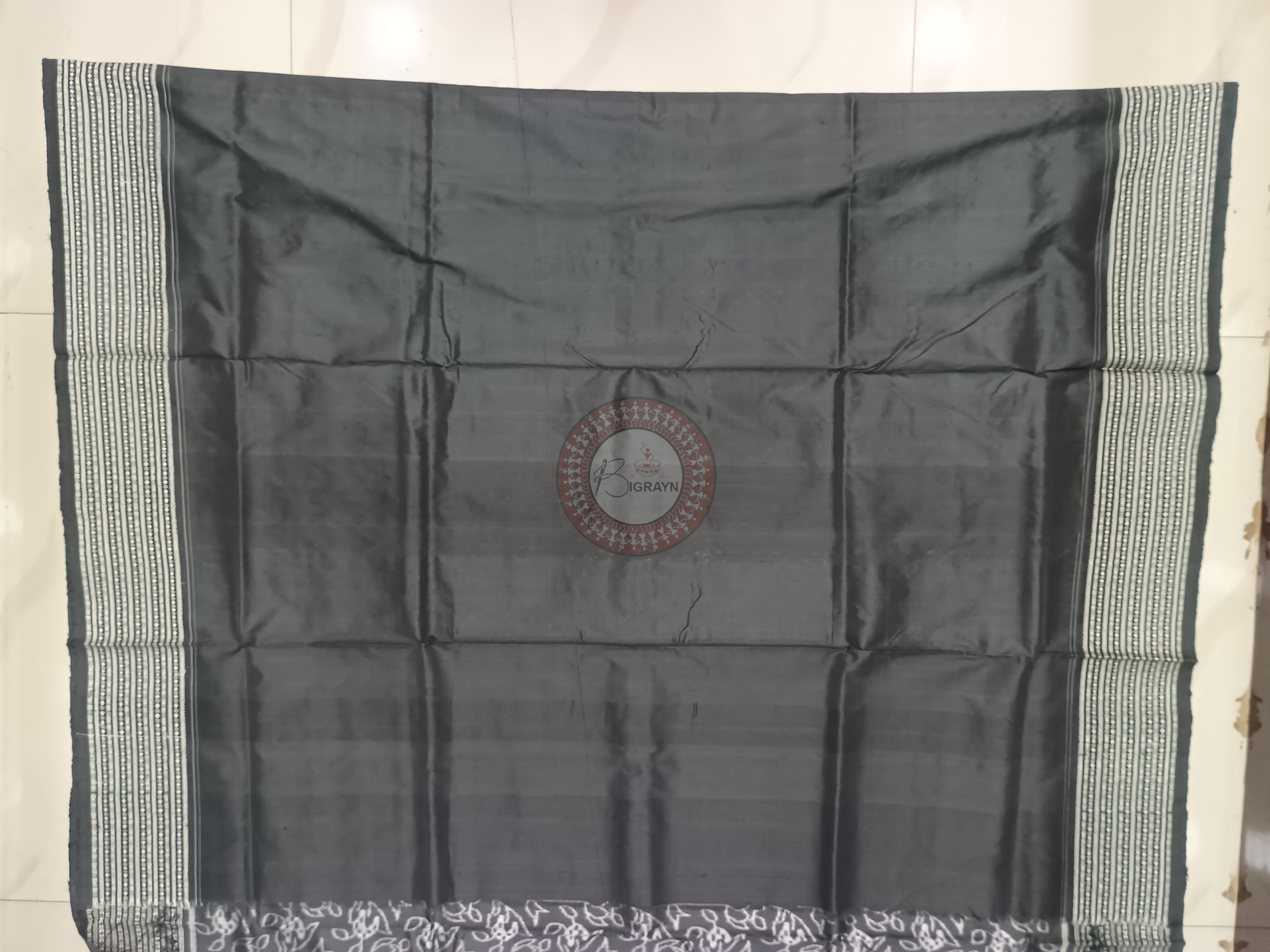 Black White Flower Natural Dye Sambalpuri Silk Saree