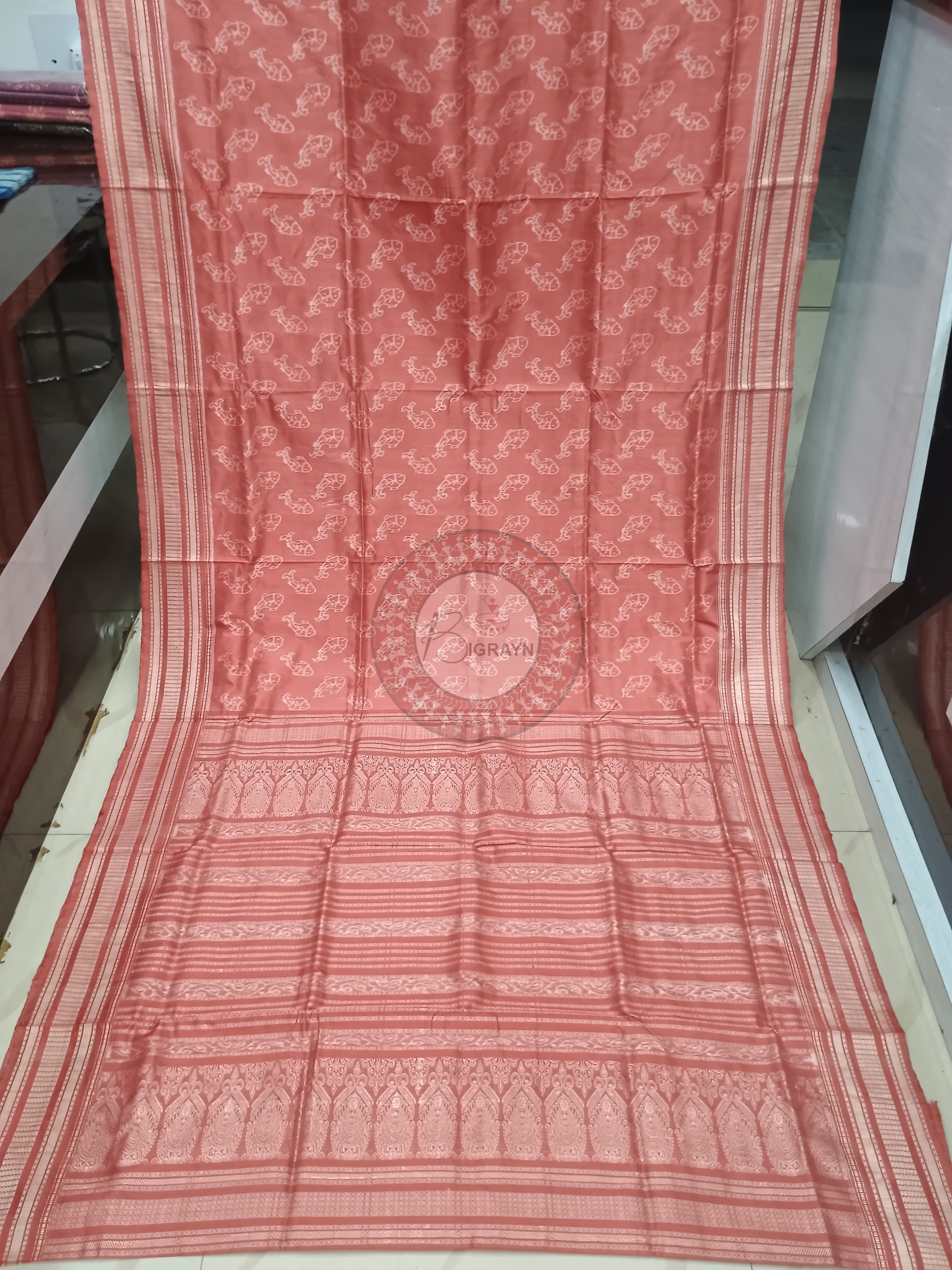 Peach Pink Fish Design Natural Dye Sambalpuri Silk Saree