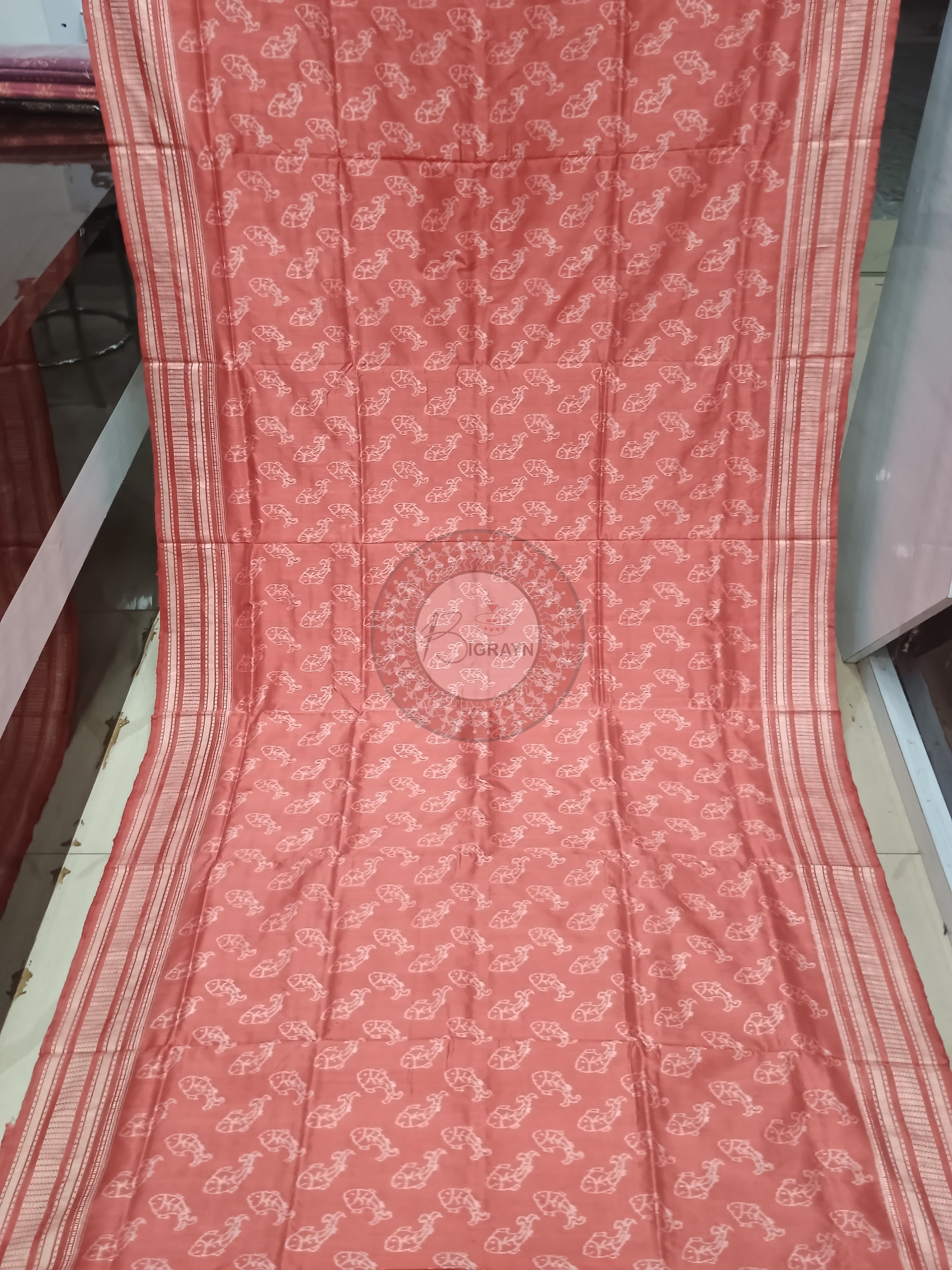 Peach Pink Fish Design Natural Dye Sambalpuri Silk Saree