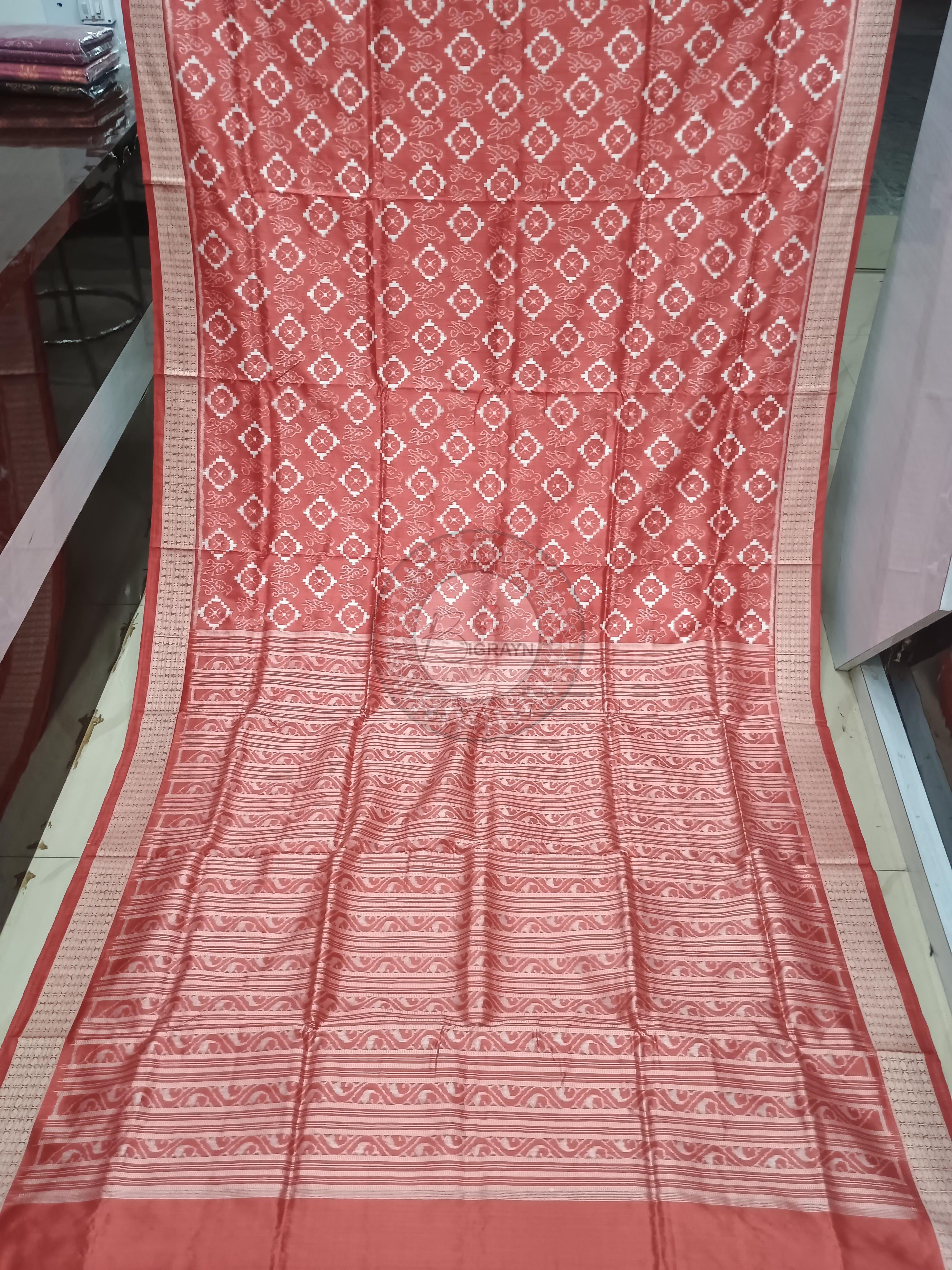 Peach Pink Birds Design Natural Dye Sambalpuri Silk Saree