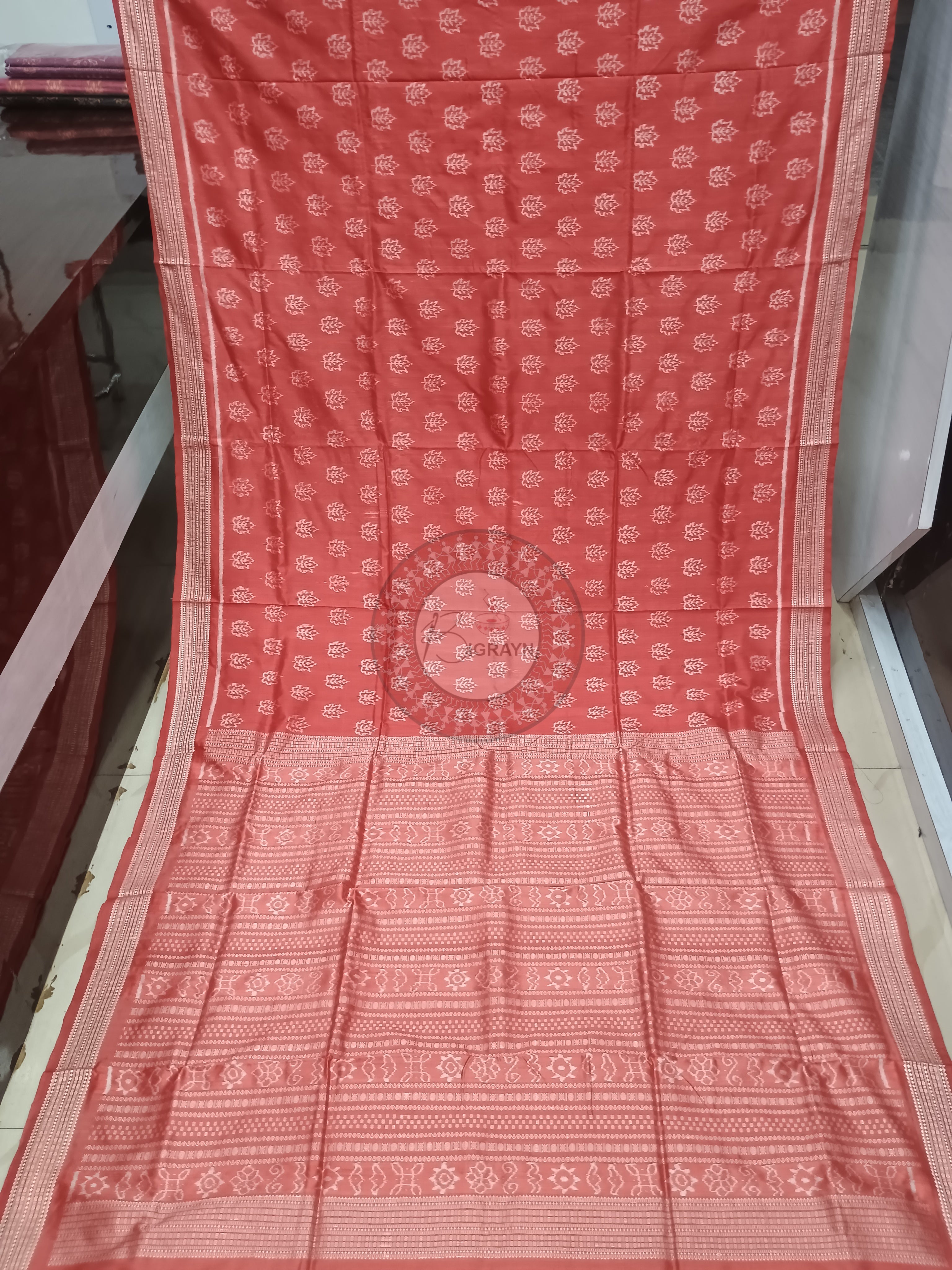Maroon Leaf Design Natural Dye Sambalpuri Silk Saree
