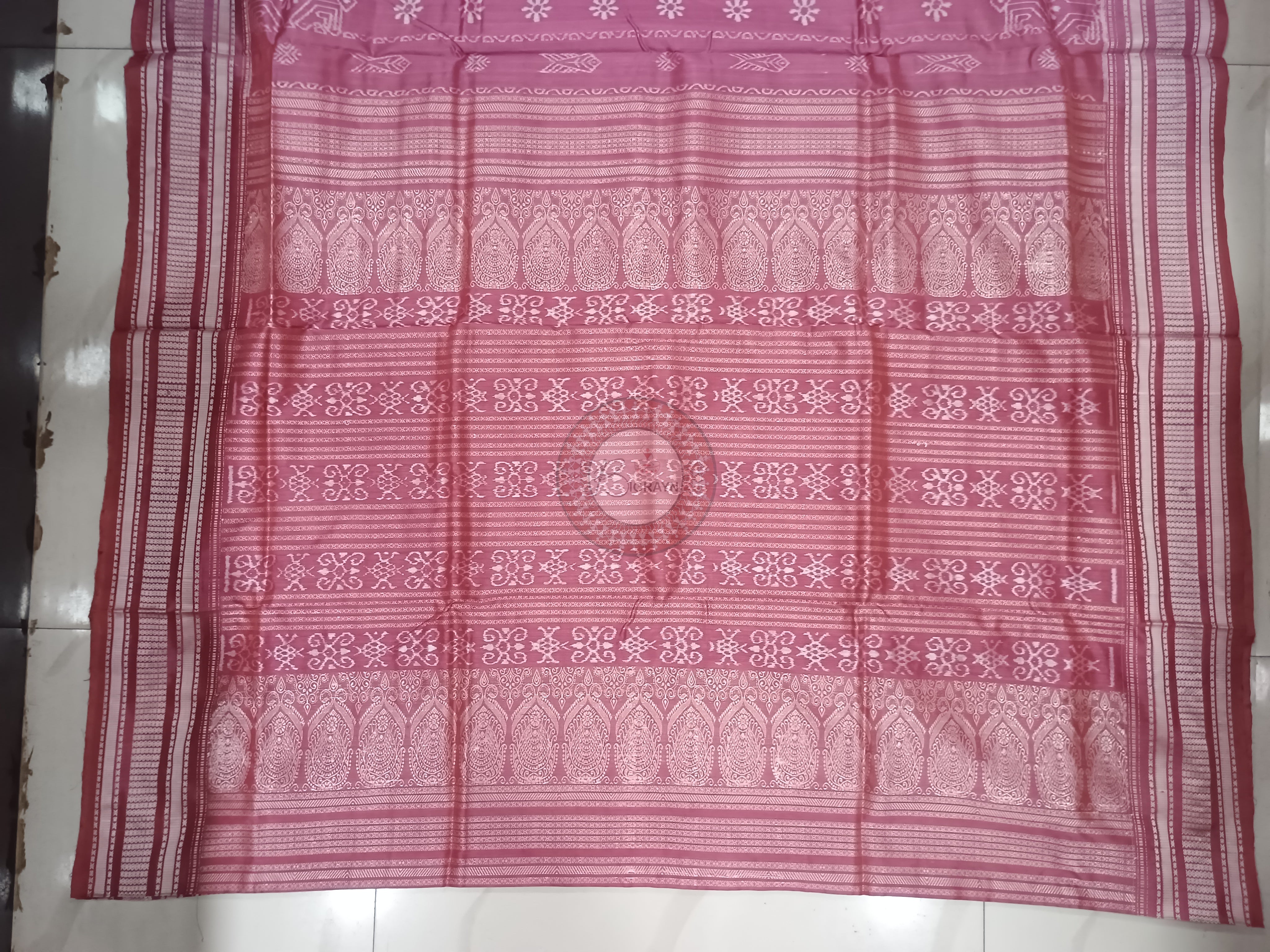 Onion Pink Fish Flower Design Natural Dye Sambalpuri Silk Saree