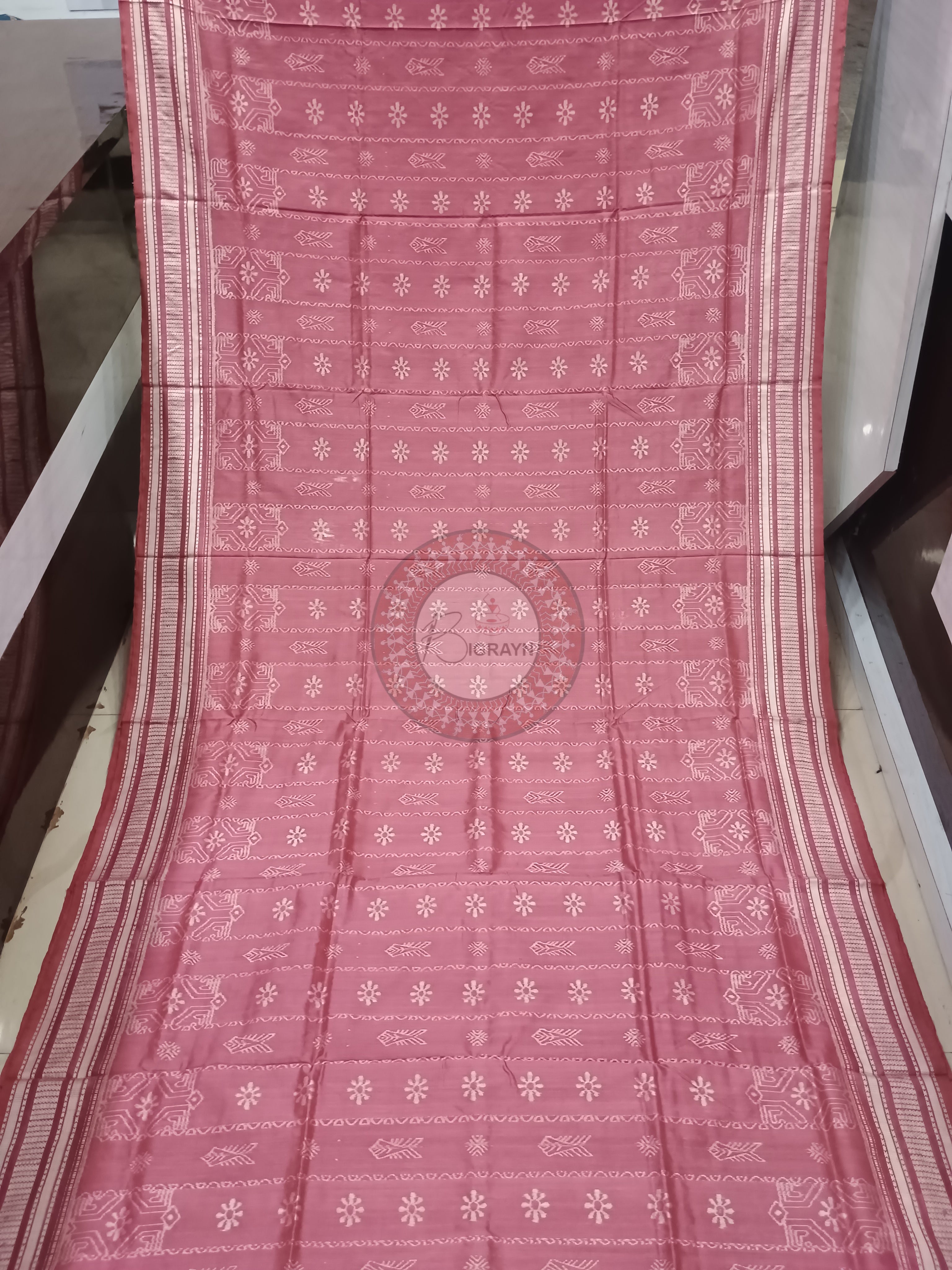 Onion Pink Fish Flower Design Natural Dye Sambalpuri Silk Saree