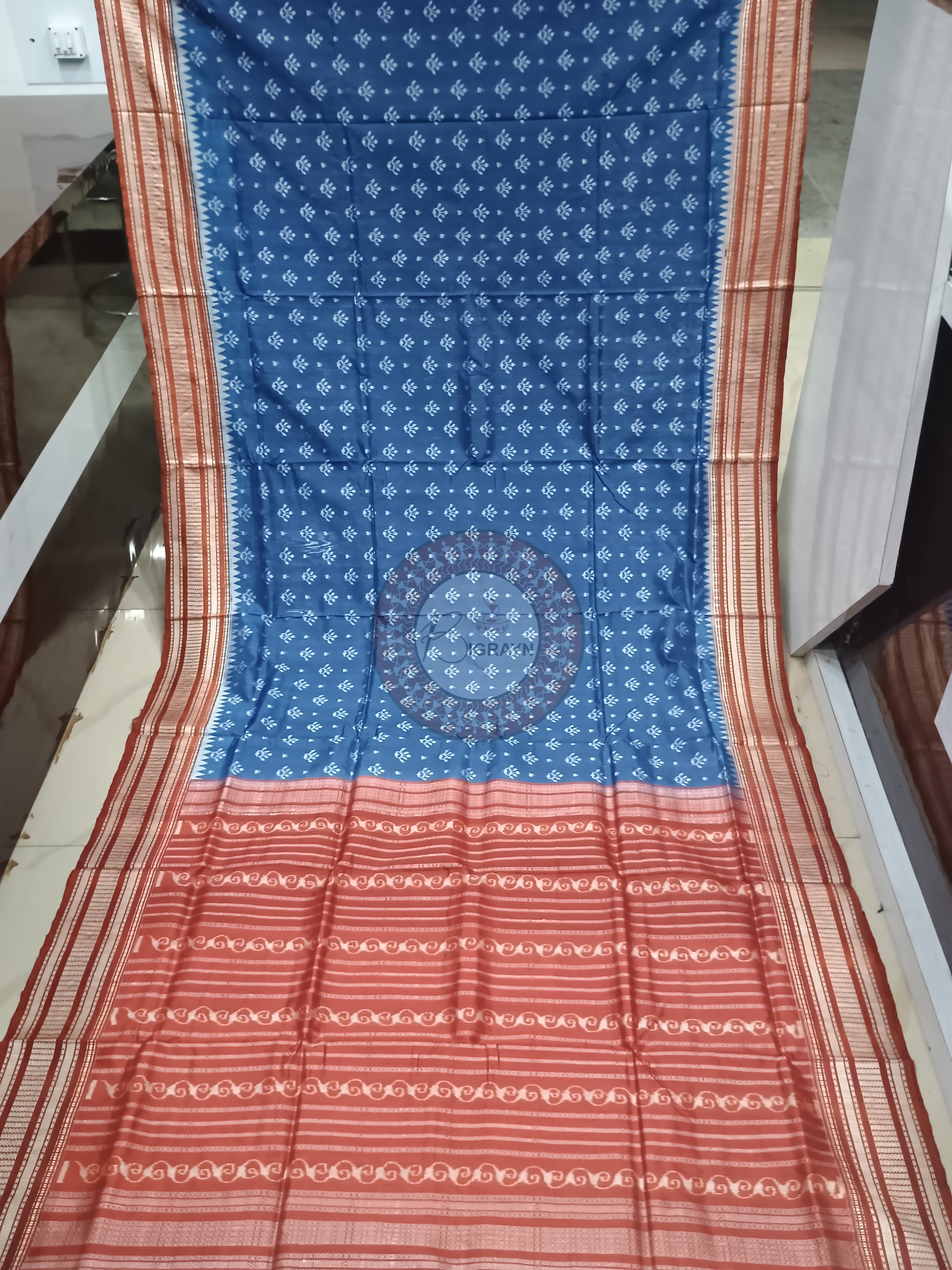 Indigo Blue Maroon Flower Design Natural Dye Sambalpuri Silk Saree