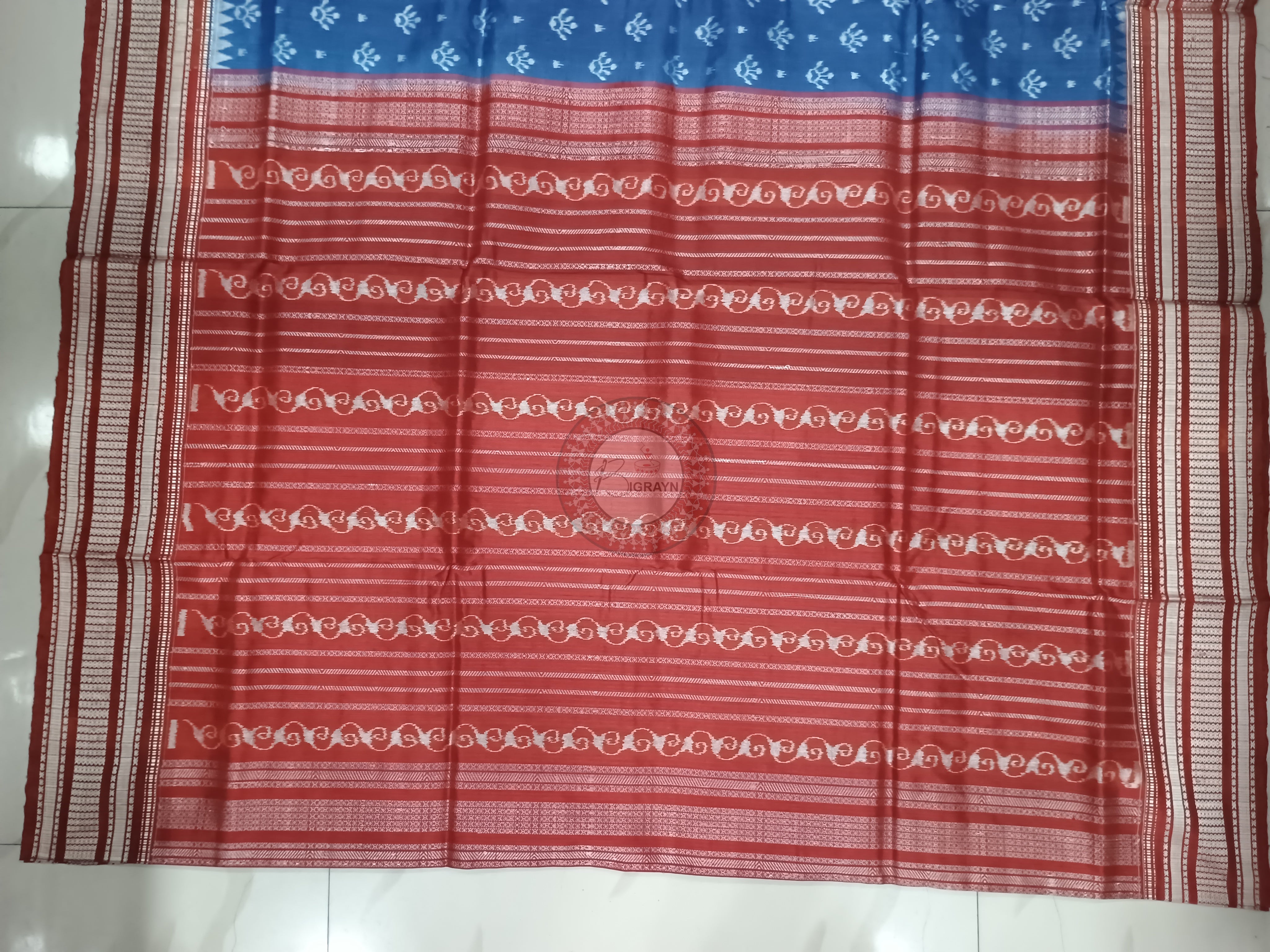 Indigo Blue Maroon Flower Design Natural Dye Sambalpuri Silk Saree