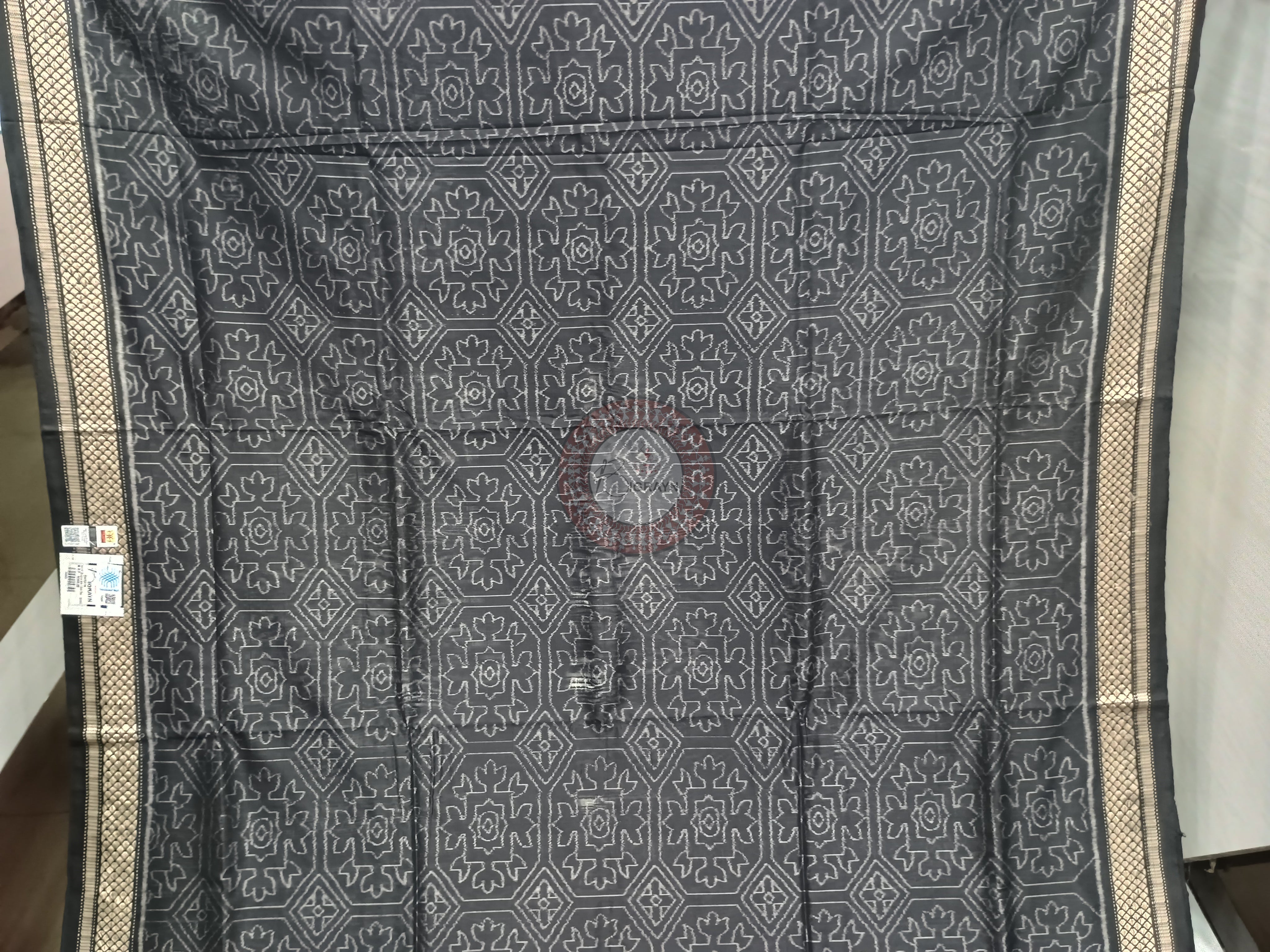 Black Laxmi Yantra Natural Dye Silk Saree