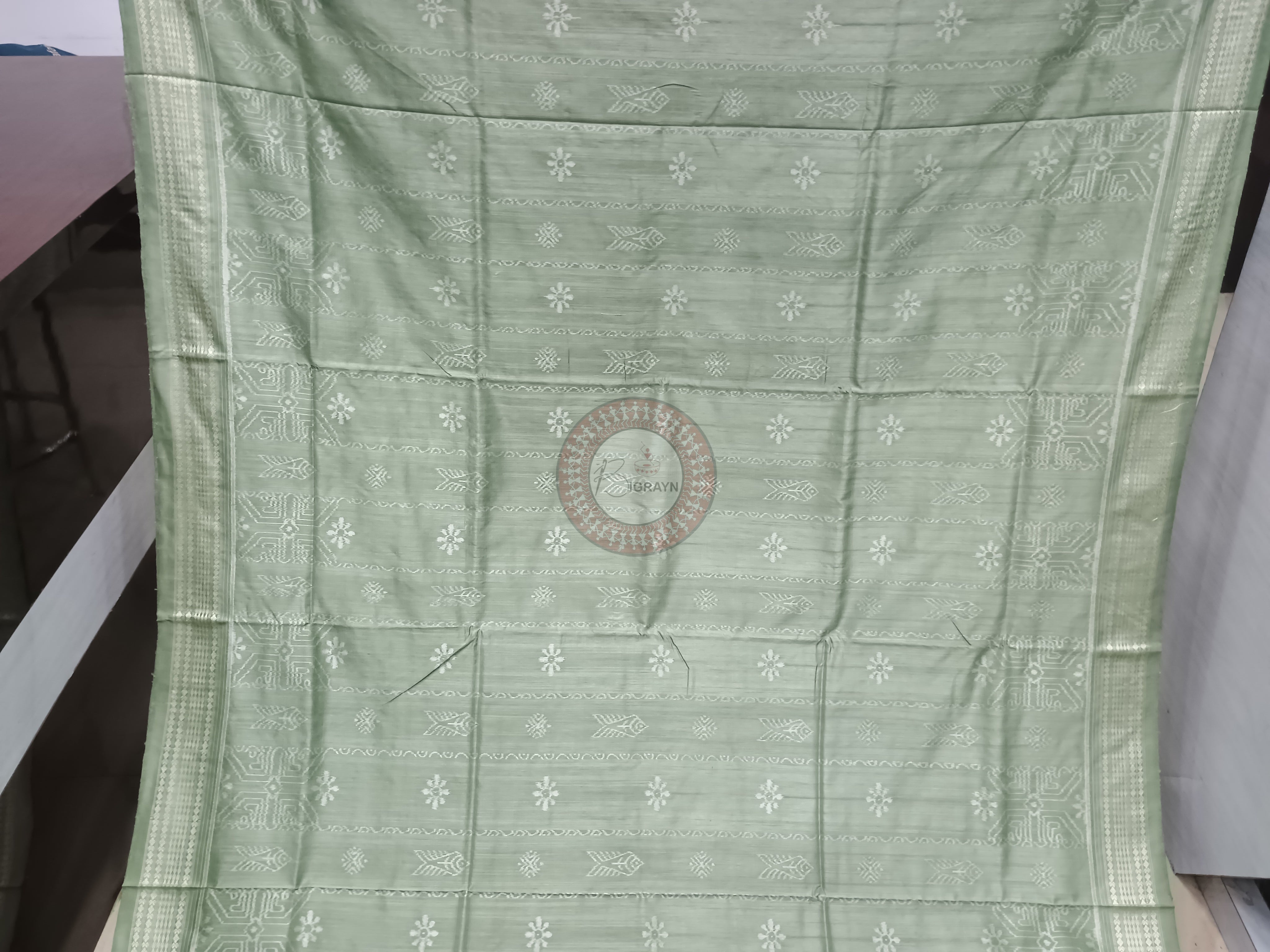 Mint Fish And Flowers Design Natural Dye Sambalpuri Silk Saree