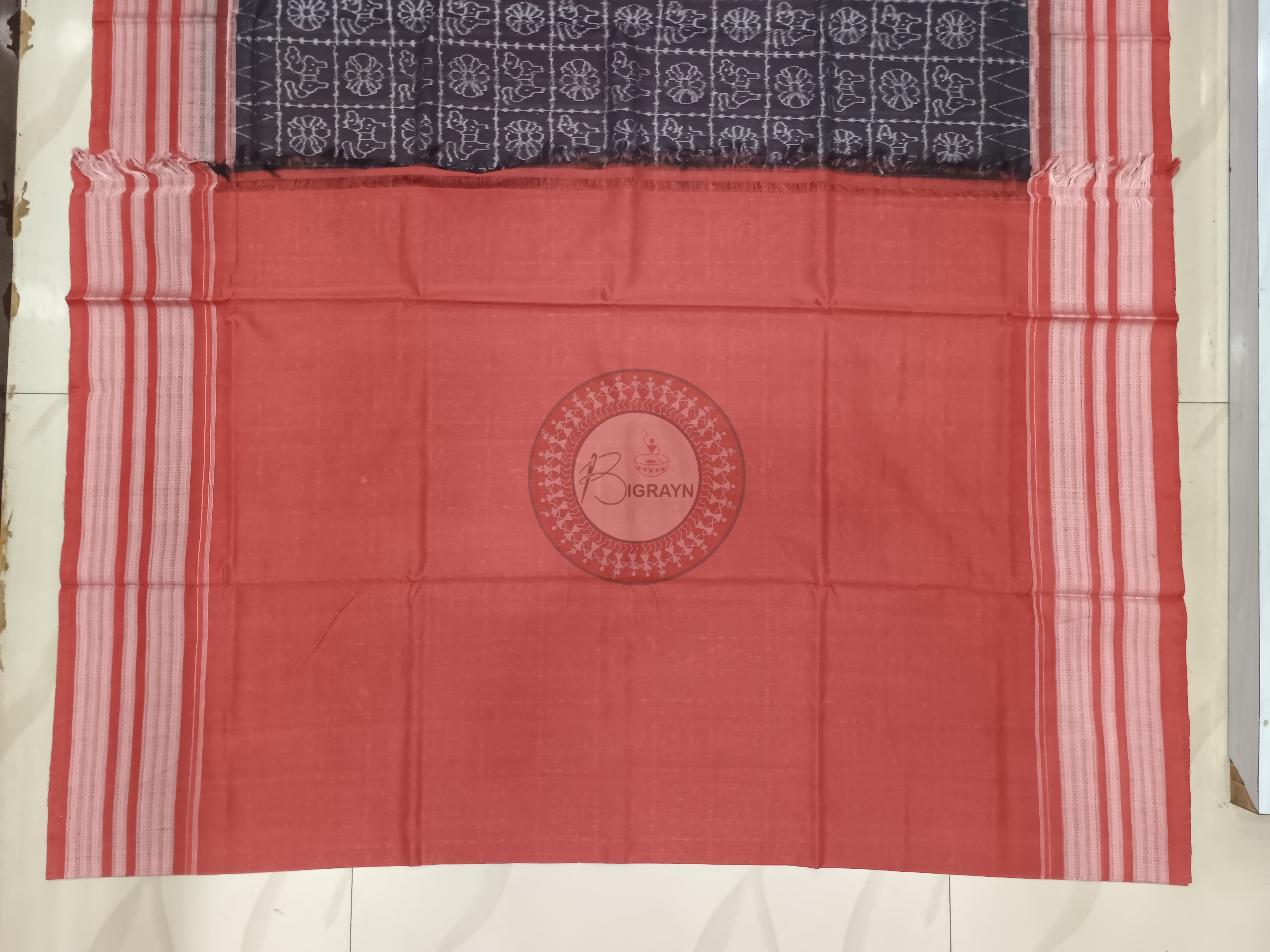 Black Maroon Flower Animal Design Natural Dye Cotton Saree