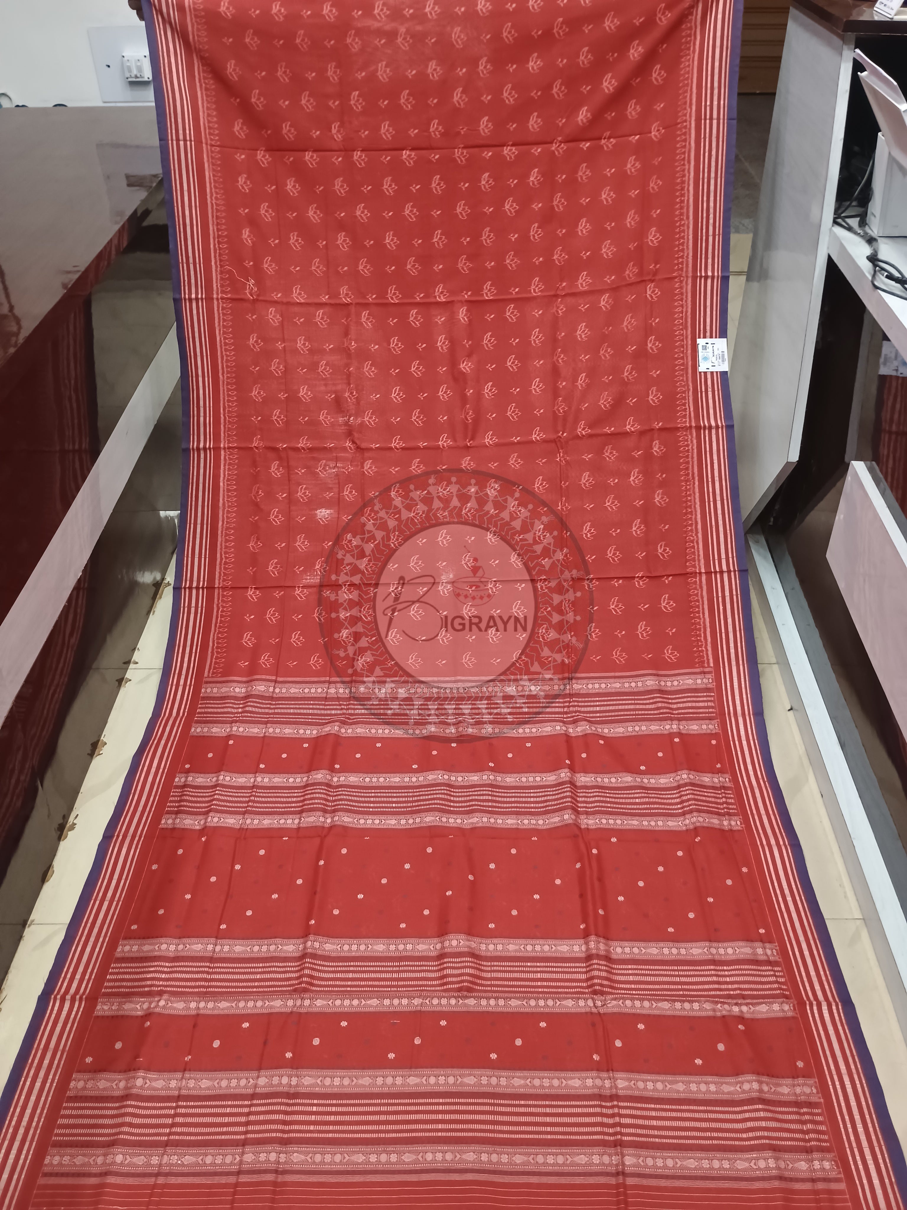 Light Red Flower Design Natural Dye Cotton Saree