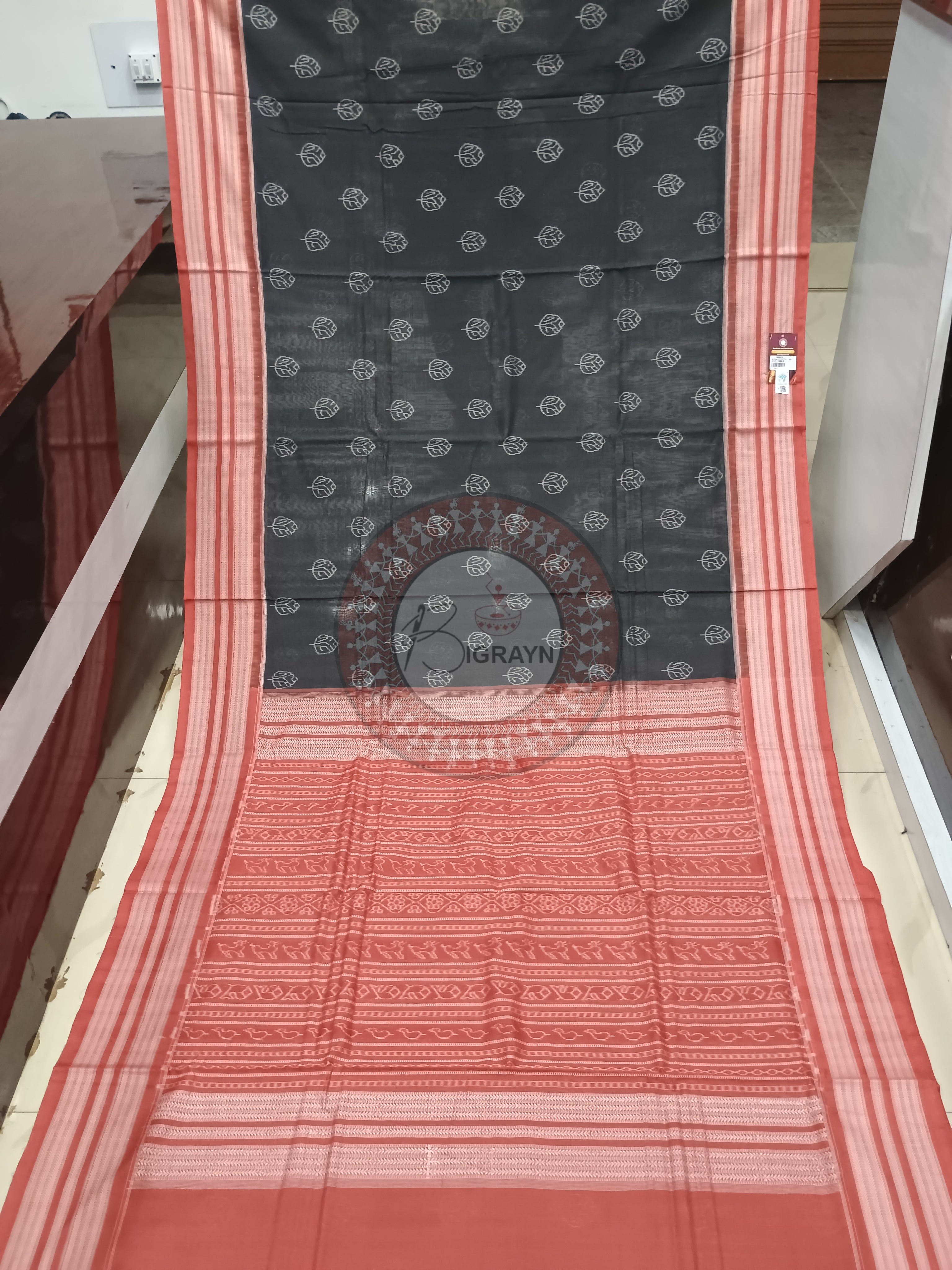 Black Maroon Leaf Design Natural Dye Cotton Saree